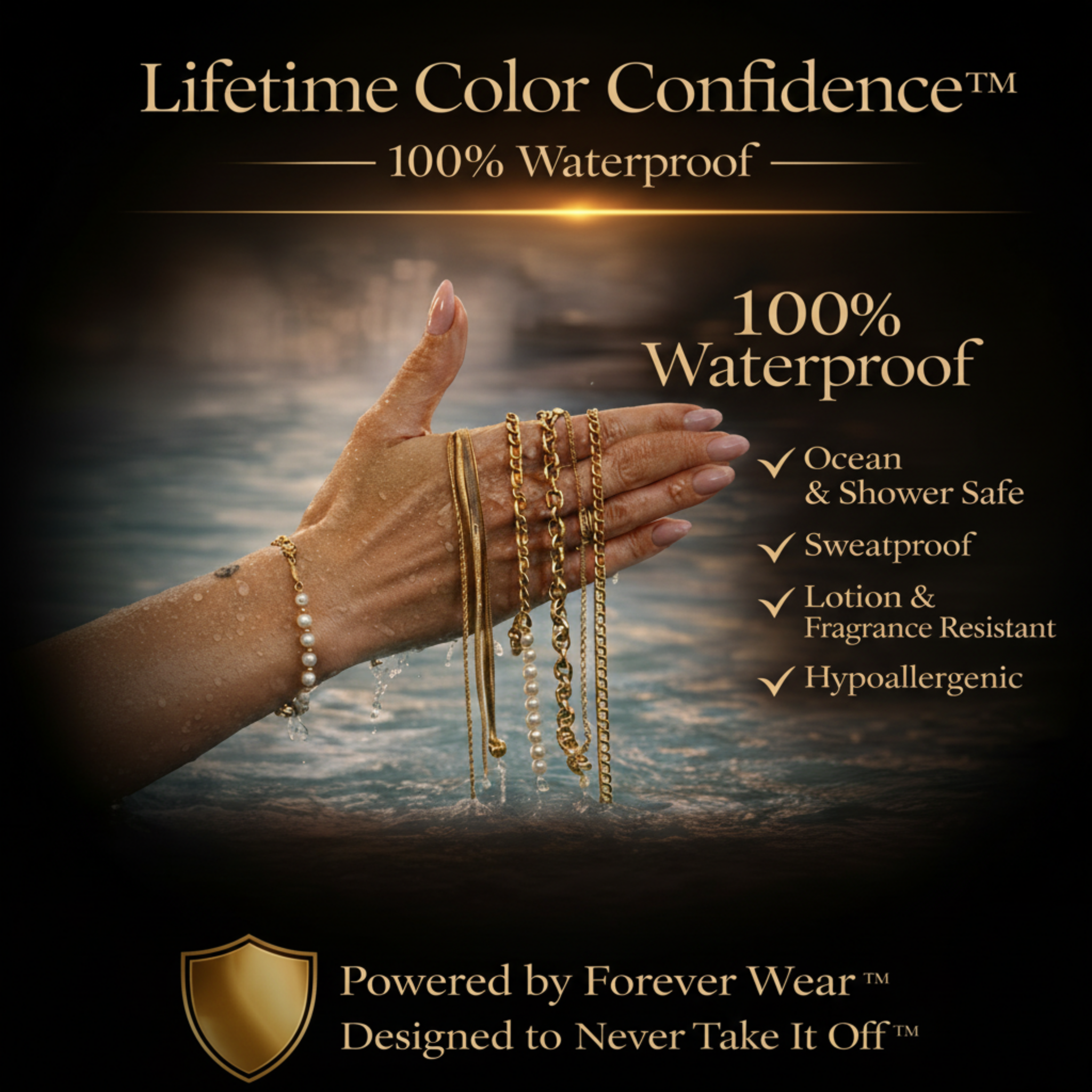 hand holding 18K gold waterproof jewelry chains in water showing tarnish resistant and sweatproof performance with Lifetime Color Confidence by Midnight Valley