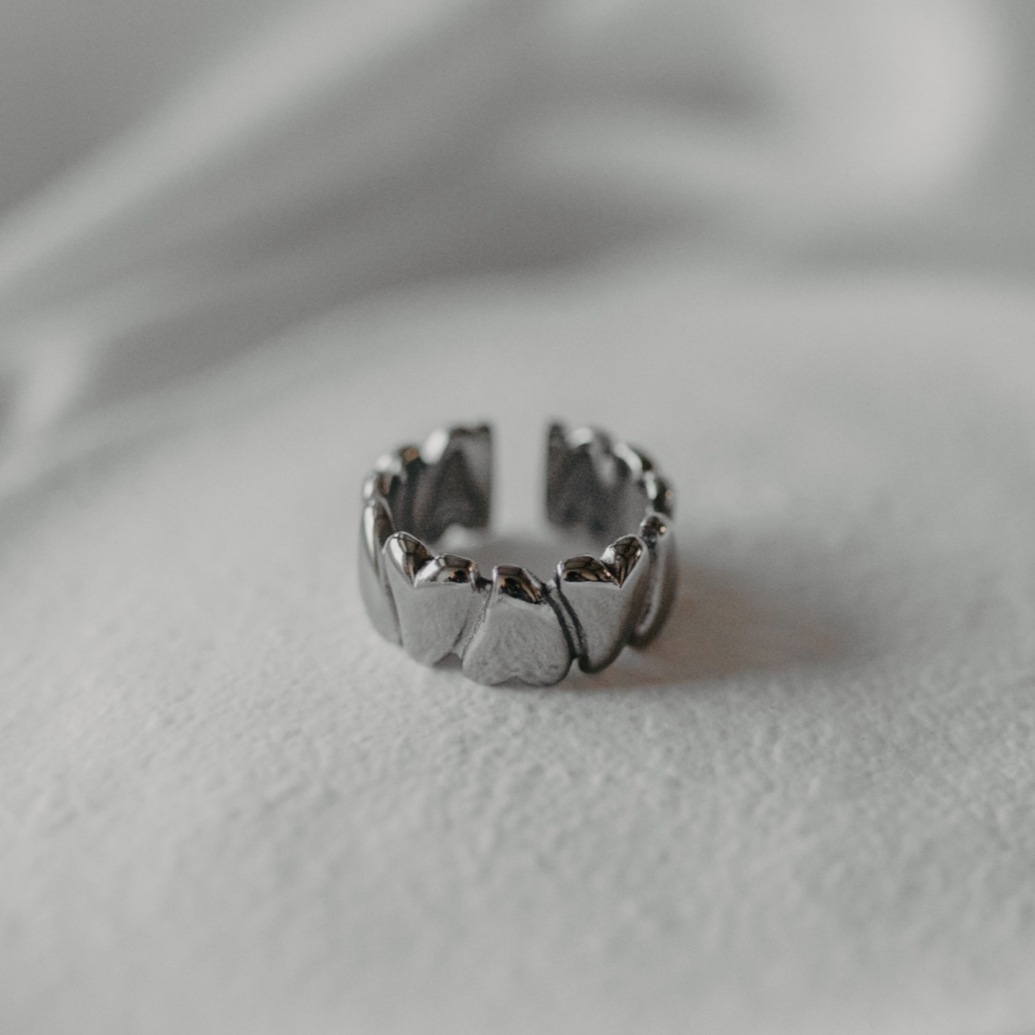 Adjustable waterproof silver heart ring in stainless steel on white background