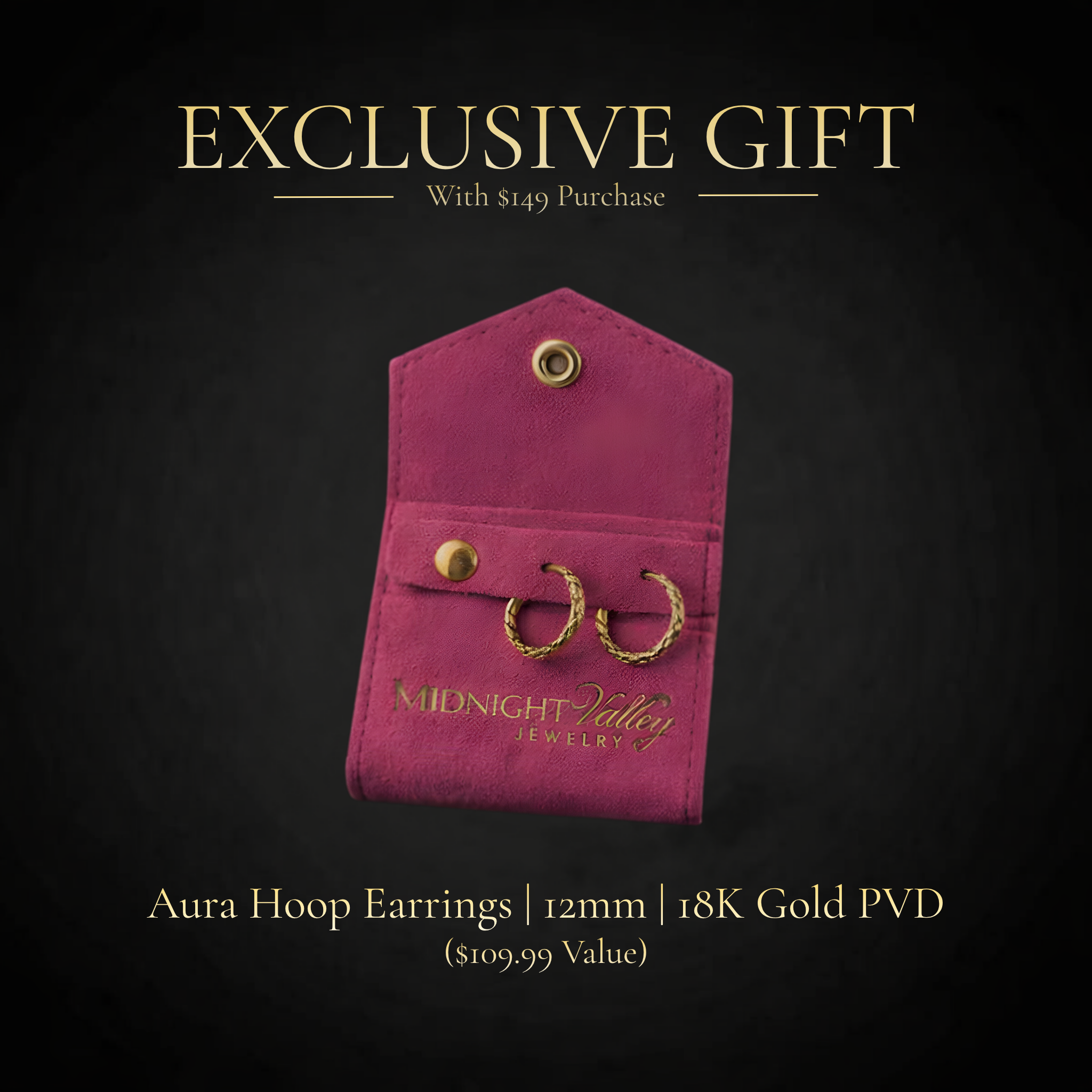 exclusive gift aura hoop earrings 12mm 18k gold pvd waterproof tarnish resistant hoops in pink Midnight Valley travel pouch