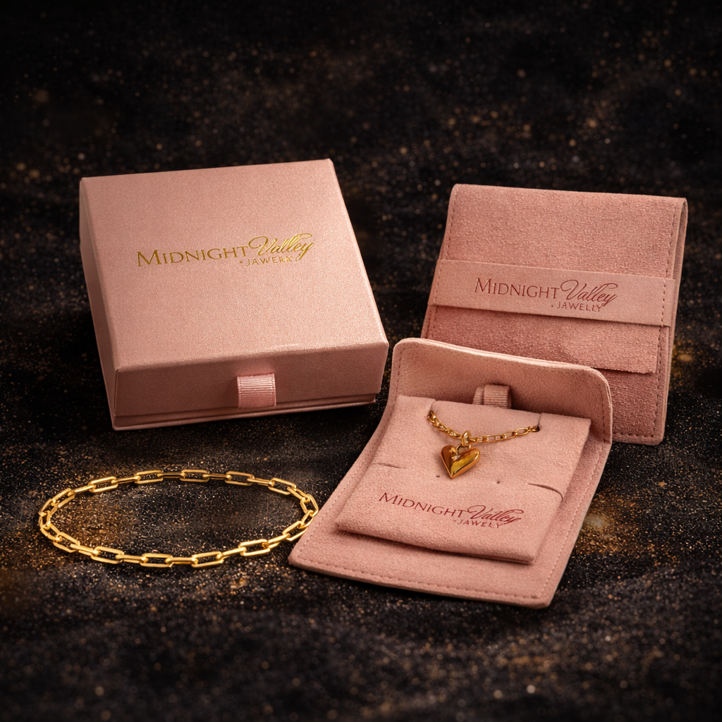 Midnight Valley Jewelry luxury pink packaging set with gold foil logo gift box and travel jewelry pouch, displaying a waterproof 6.5mm gold paperclip bracelet and heart pendant necklace.