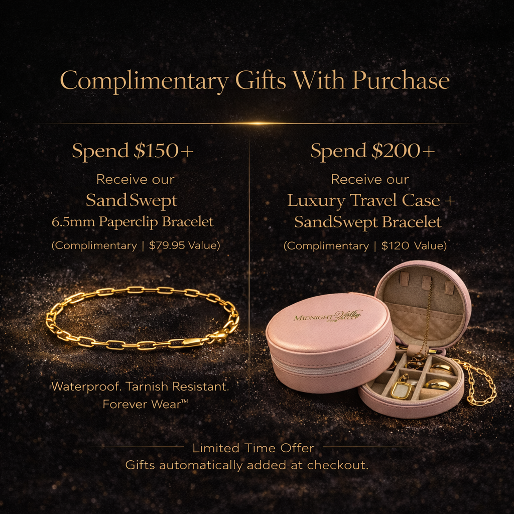 Black and gold promotional graphic for Midnight Valley Jewelry showing tiered complimentary gifts with purchase: spend $150+ and receive a SandSwept 6.5mm paperclip bracelet, or spend $200+ and receive a luxury pink travel jewelry case plus SandSwept bracelet.