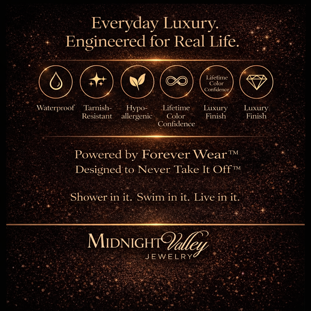 Midnight Valley Jewelry Everyday Luxury graphic highlighting waterproof 18K PVD jewelry with Lifetime Color Confidence and Forever Wear™ technology