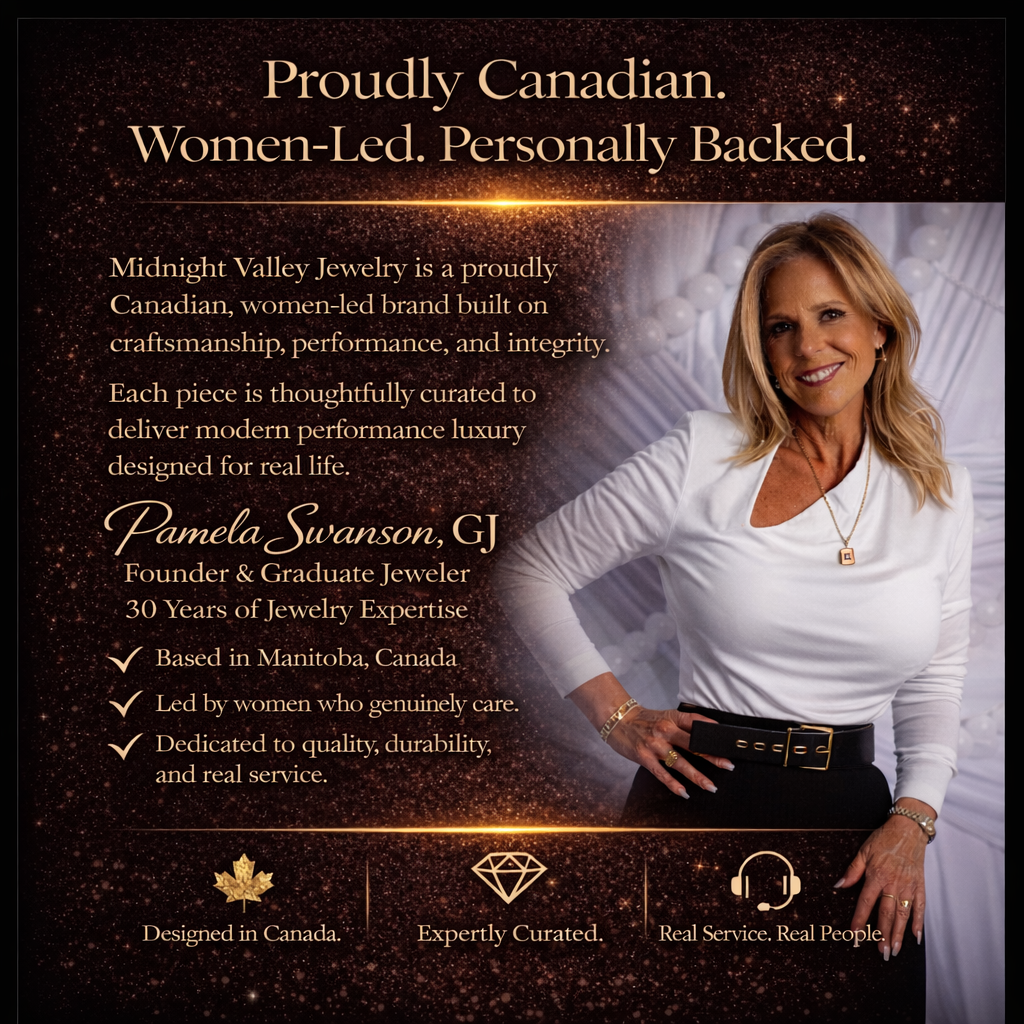 Pamela Swanson, GJ, founder and graduate jeweler of Midnight Valley Jewelry, proudly Canadian women-led brand based in Manitoba