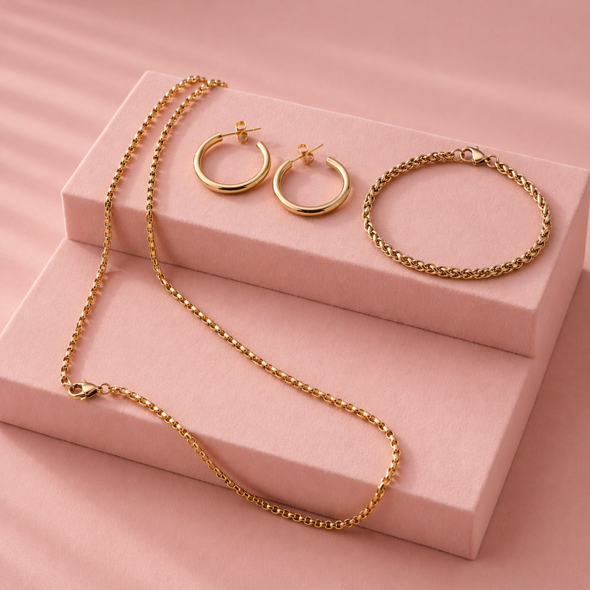 Essential Set jewelry featuring 18K gold PVD waterproof necklace, bracelet and hoop earrings displayed on soft pink blocks, tarnish resistant gold jewelry set