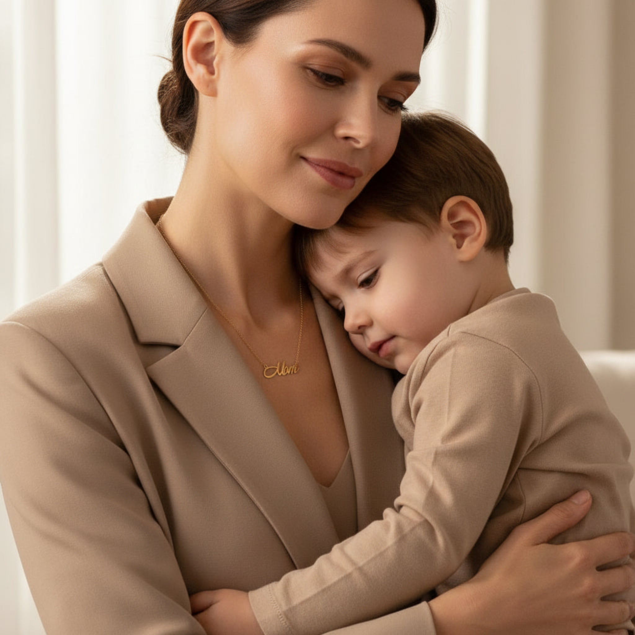 mother holding child wearing Forever Mom gold necklace in handwritten style on delicate chain, soft neutral lifestyle setting