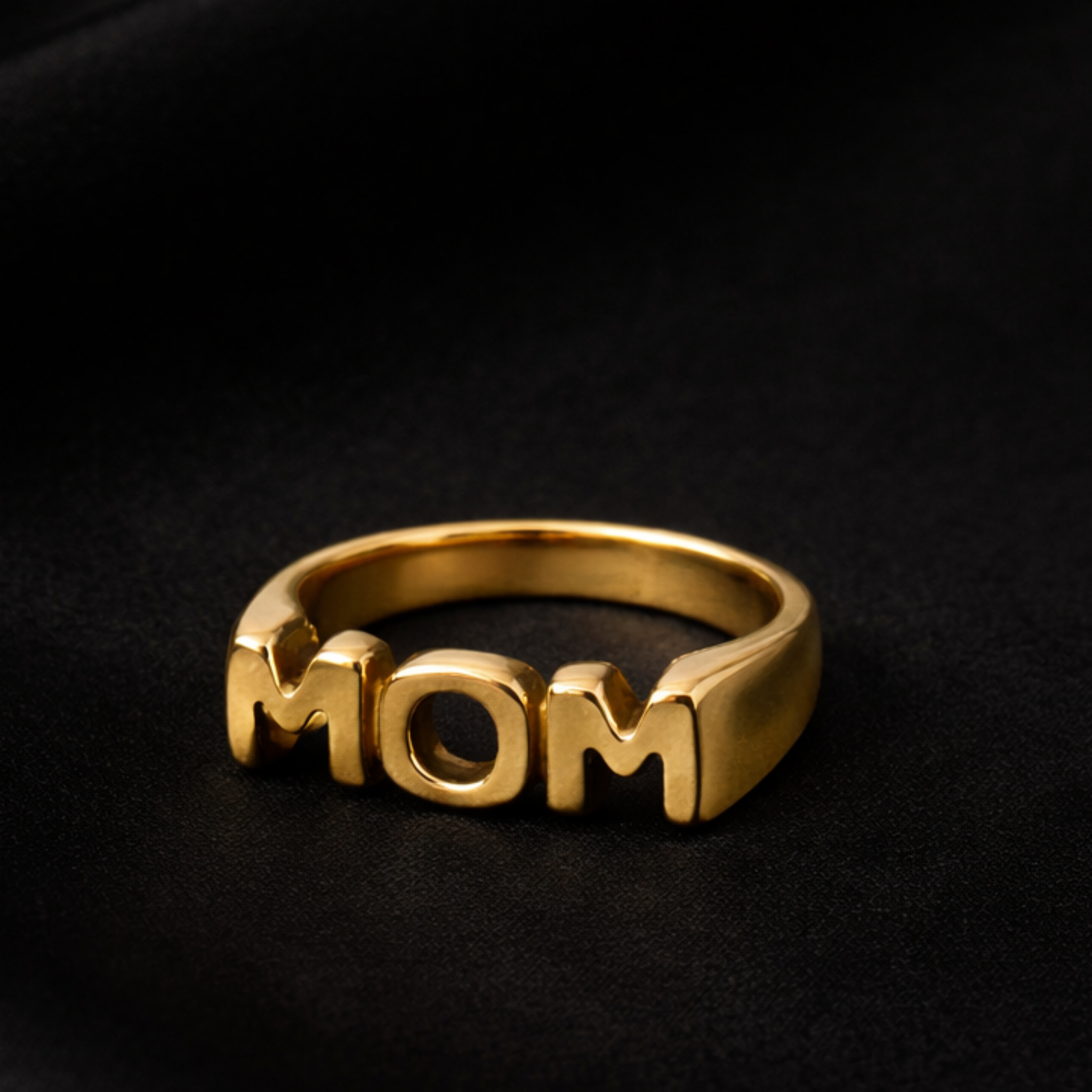 Classic Mom Keepsake ring in 18K gold PVD with smooth MOM lettering, waterproof tarnish resistant gold ring available in sizes 6 7 and 8
