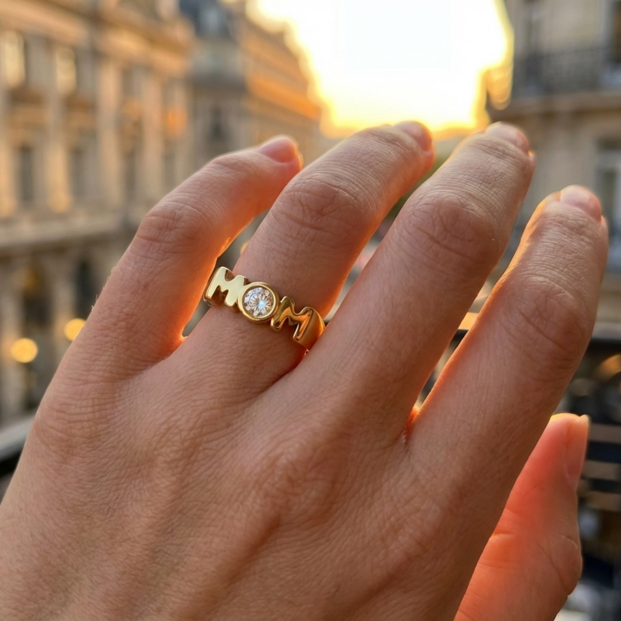 Mom Keepsake ring with cubic zirconia stone worn on hand, 18K gold PVD waterproof ring available in sizes 6 7 and 8 for everyday wear