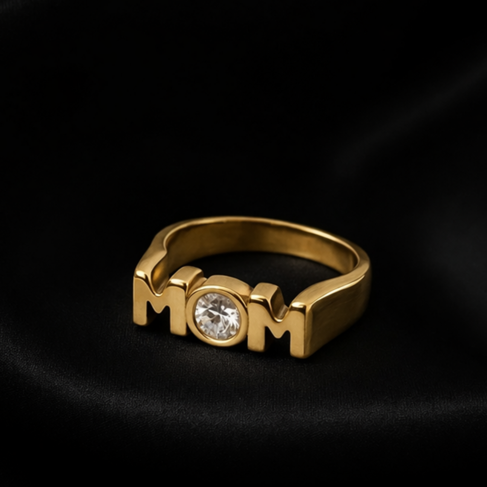 Mom Keepsake ring with cubic zirconia stone accent in 18K gold PVD, waterproof tarnish resistant MOM ring available in sizes 6 7 and 8
