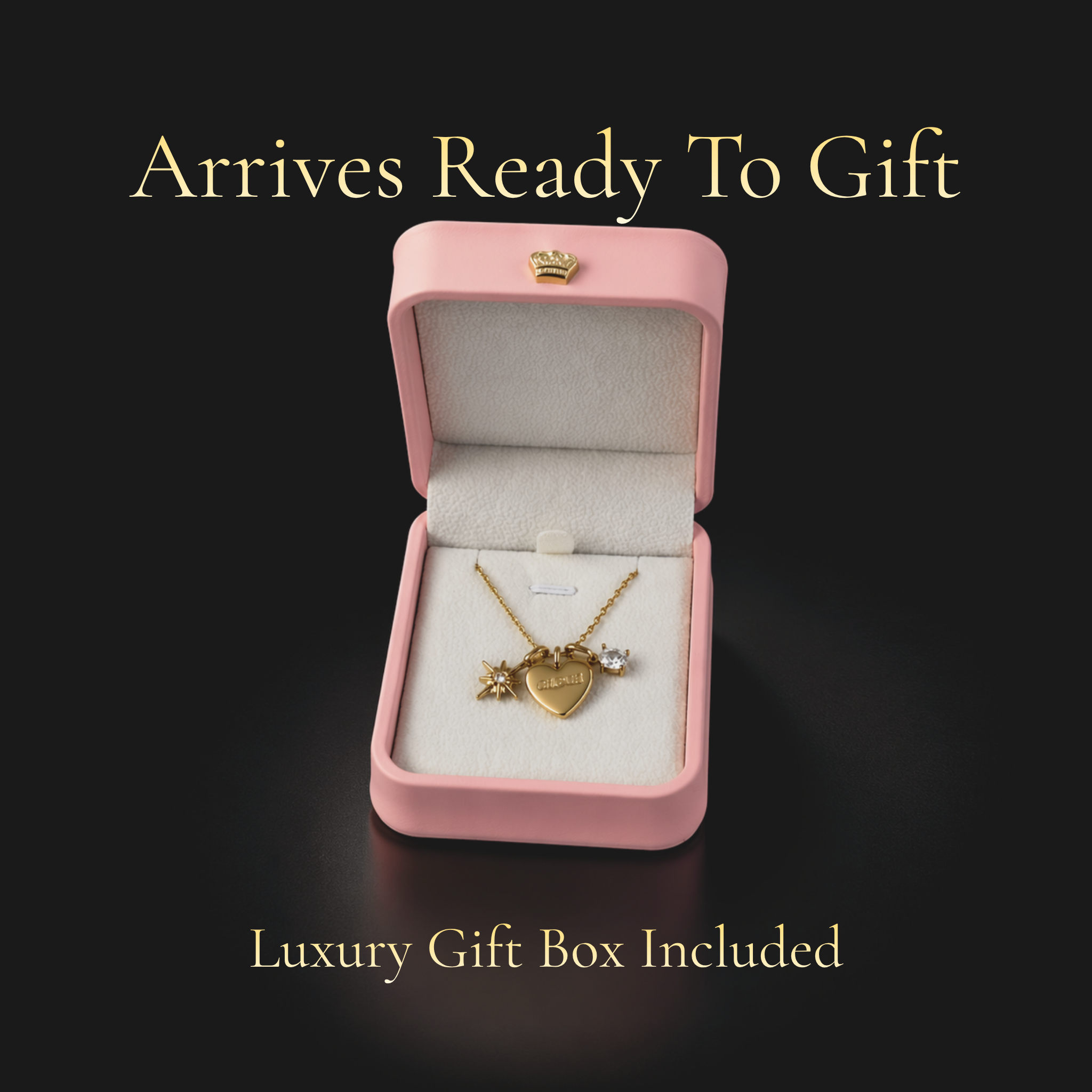 Mom Moments heart pendant necklace presented in pink luxury gift box with engraved mom charm and sparkling cubic zirconia accents