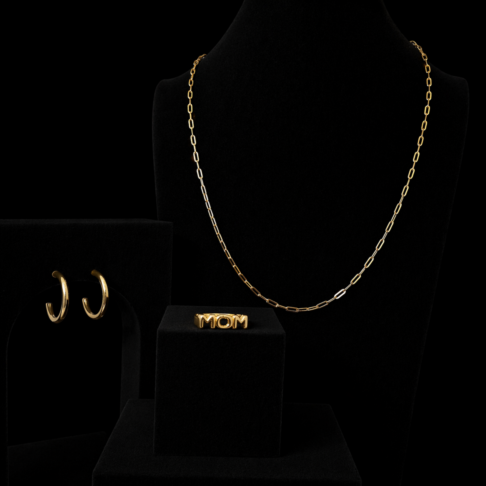 Mom Signature Set in 18K gold PVD featuring paperclip chain necklace, waterproof hoop earrings, and mom ring, gold jewelry gift set for Mother’s Day