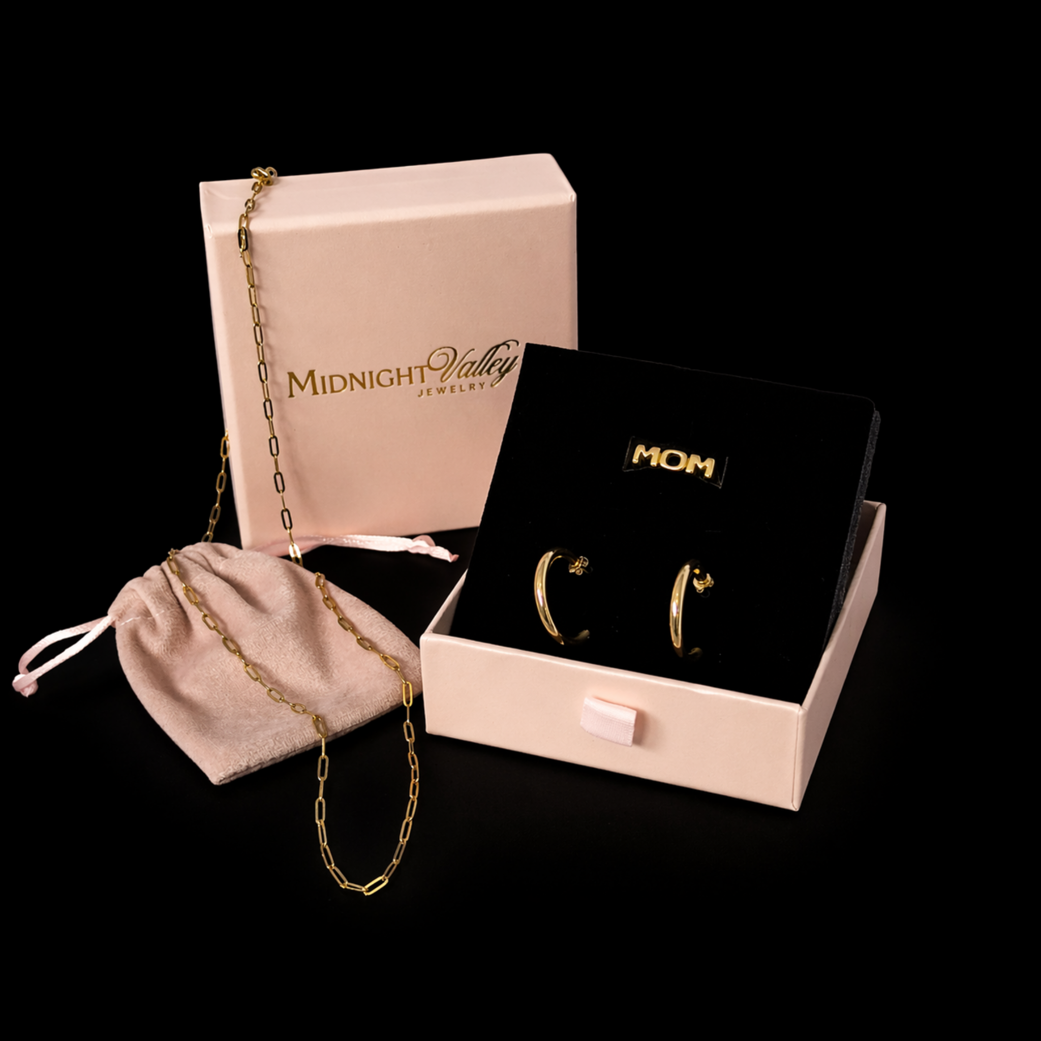 Mom Signature Set in luxury packaging with gold paperclip necklace, waterproof hoop earrings, and mom ring, Mother’s Day jewelry gift set