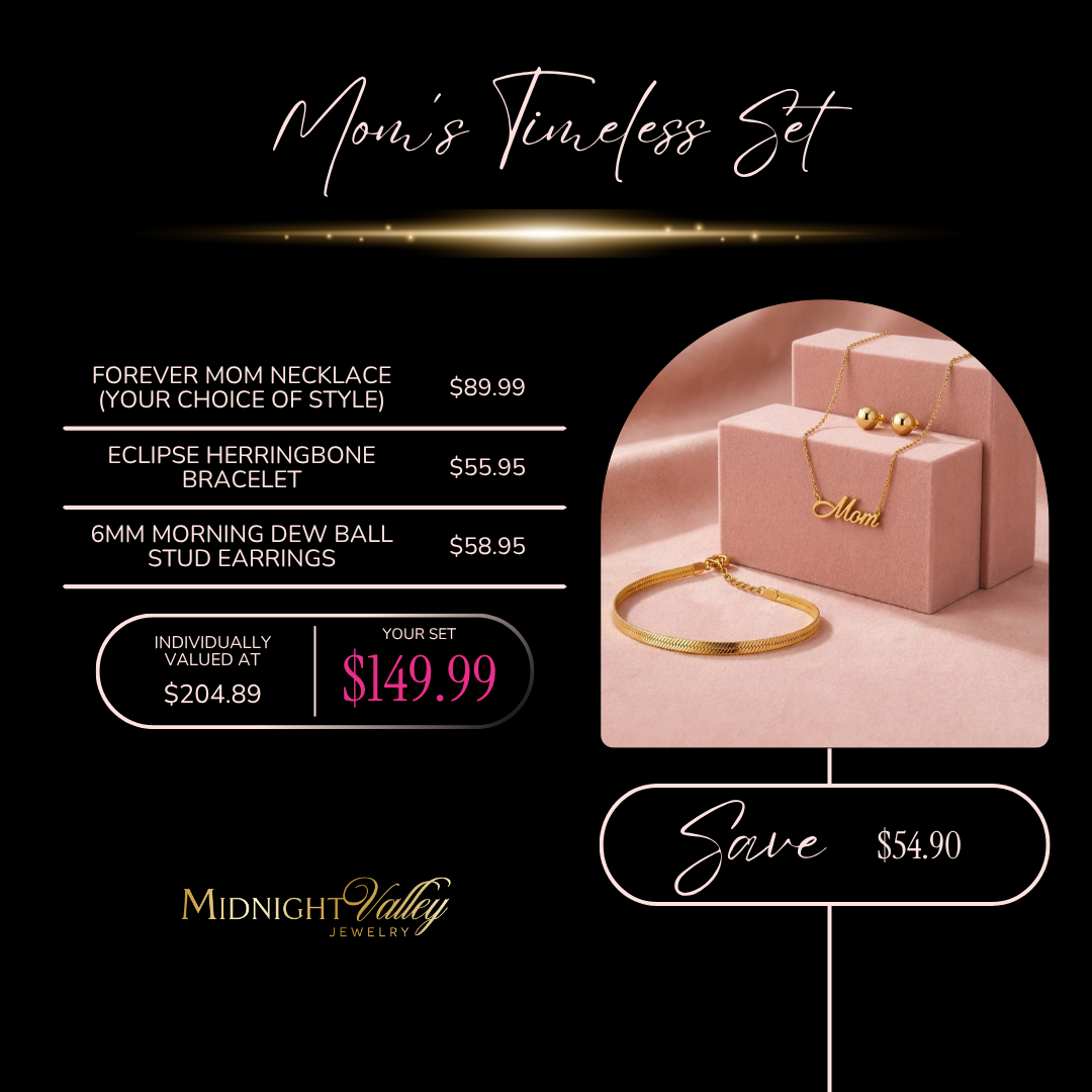 Mom’s Timeless Set | Waterproof Mom Jewelry Gift Set | 18K Gold PVD Necklace Bracelet Earrings