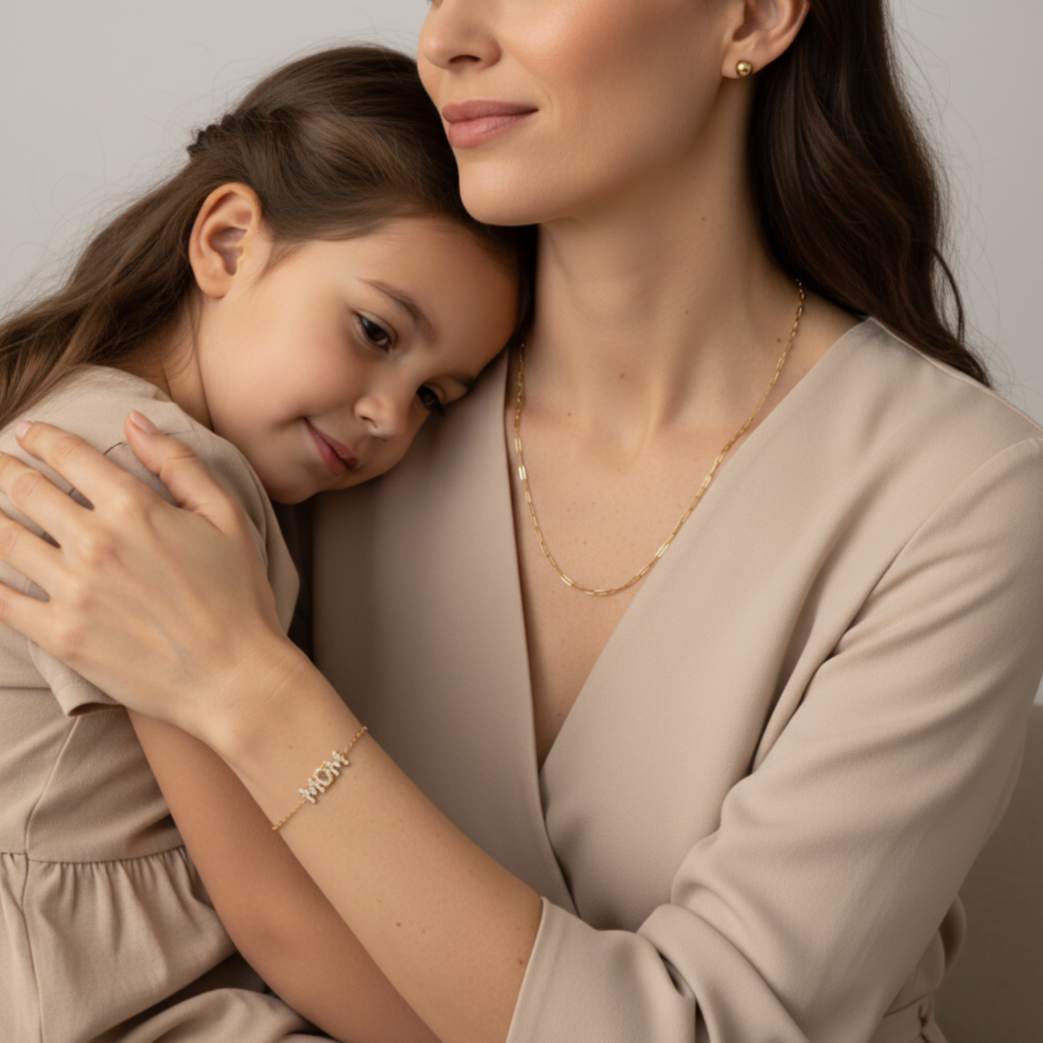 Mother and daughter embracing while wearing Mom Radiant Set bracelet and gold jewelry, waterproof 18K gold PVD jewelry gift for Mother’s Day