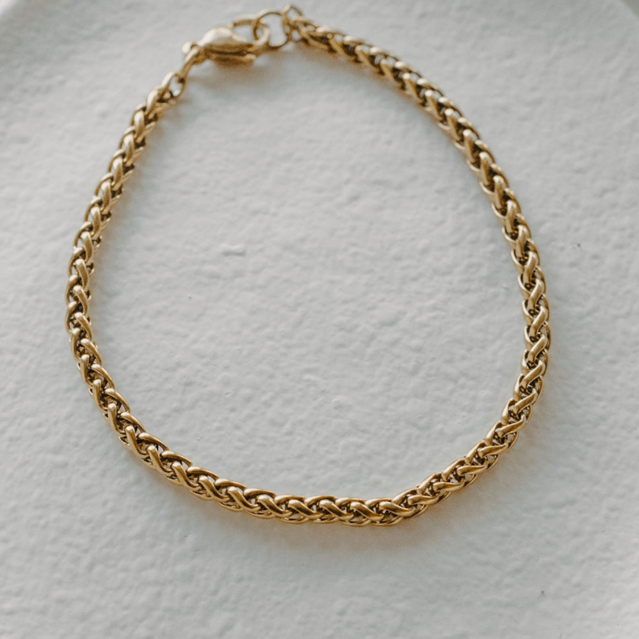 Surfside 3mm wheat chain bracelet in 18K gold PVD with interwoven link detail waterproof jewelry