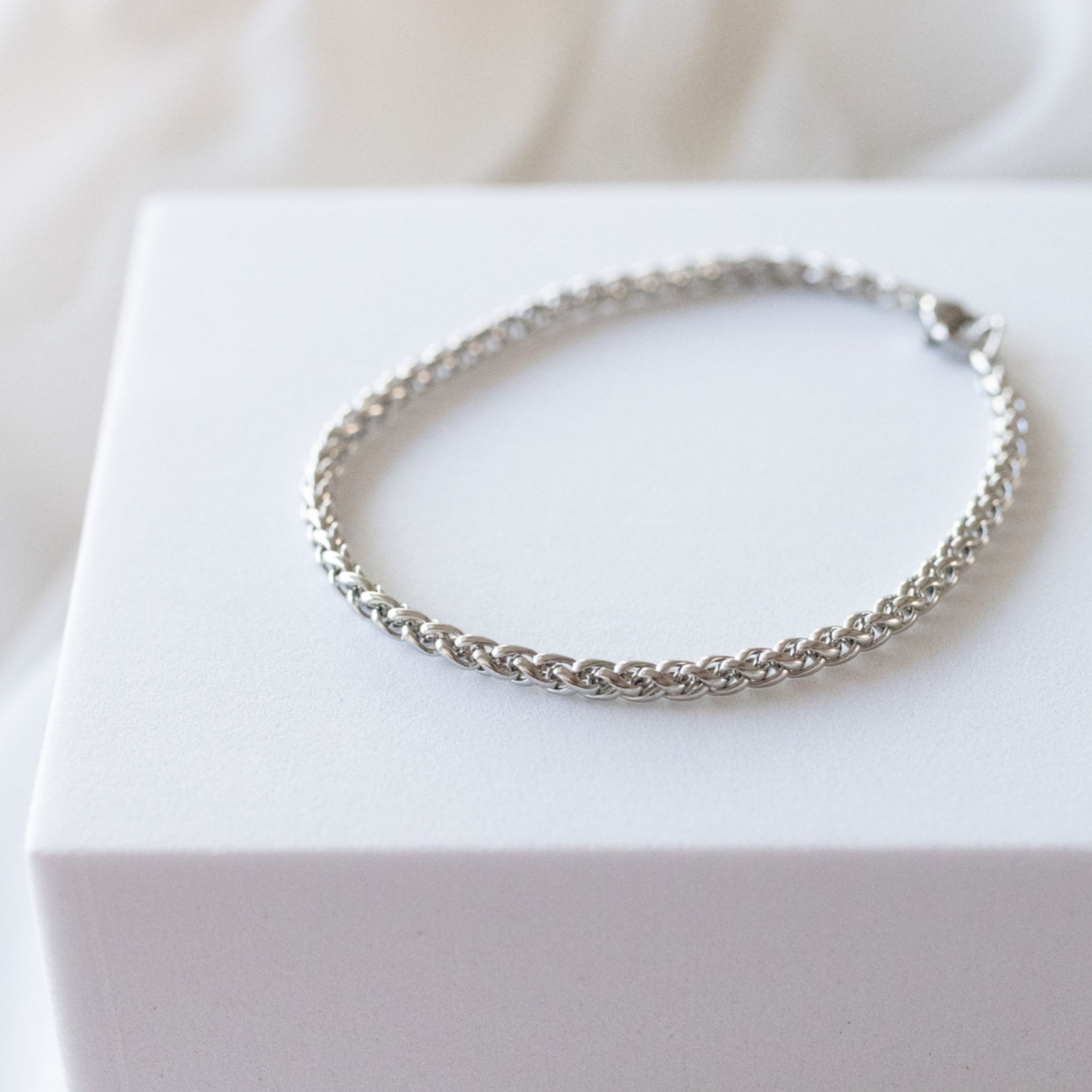 Surfside 5mm wheat chain bracelet in silver stainless steel with interwoven link design waterproof jewelry