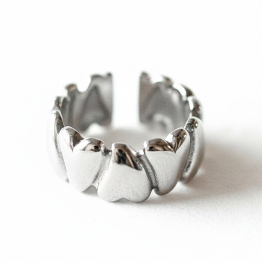 Adjustable waterproof silver heart ring in stainless steel on white background