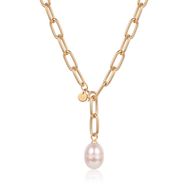 Anchored Pearl gold paperclip chain necklace with a pearl drop and small polished disc on a white background.