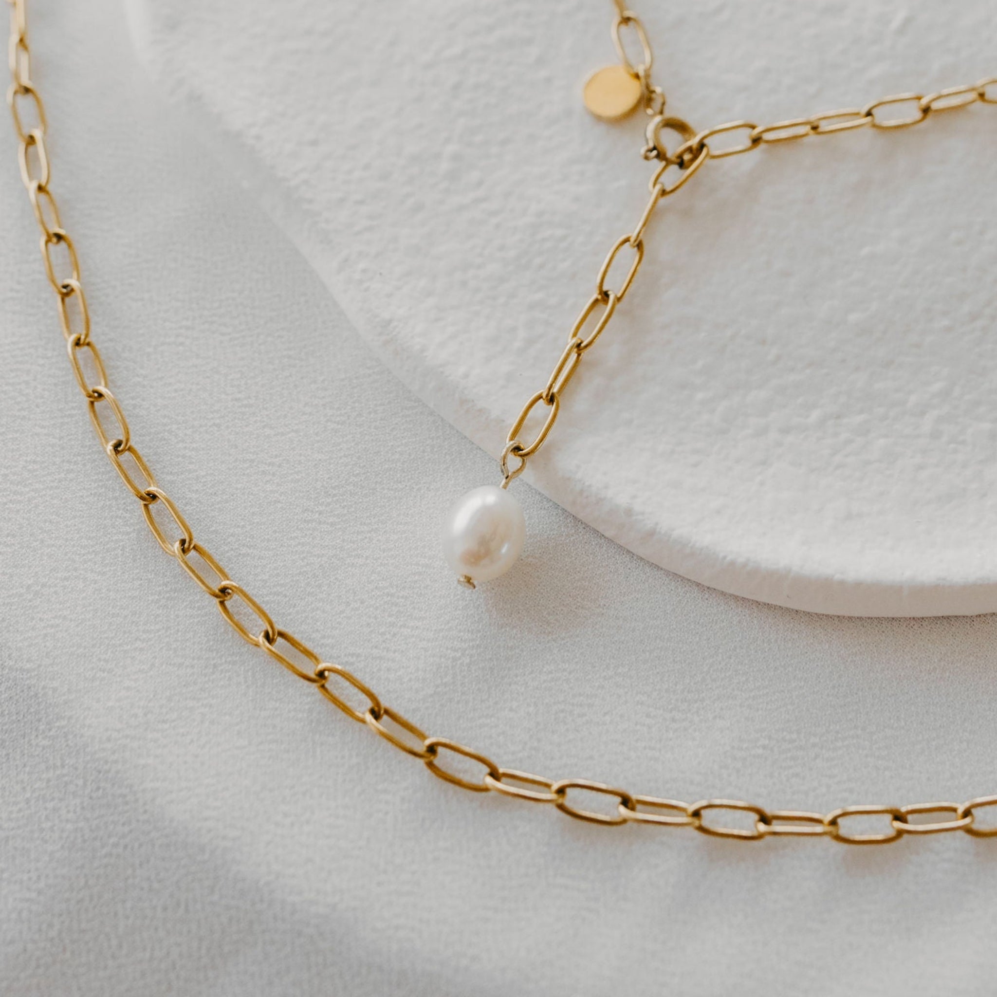 Close-up of the Anchored Pearl Waterproof Gold Necklace from Midnight Valley Jewelry