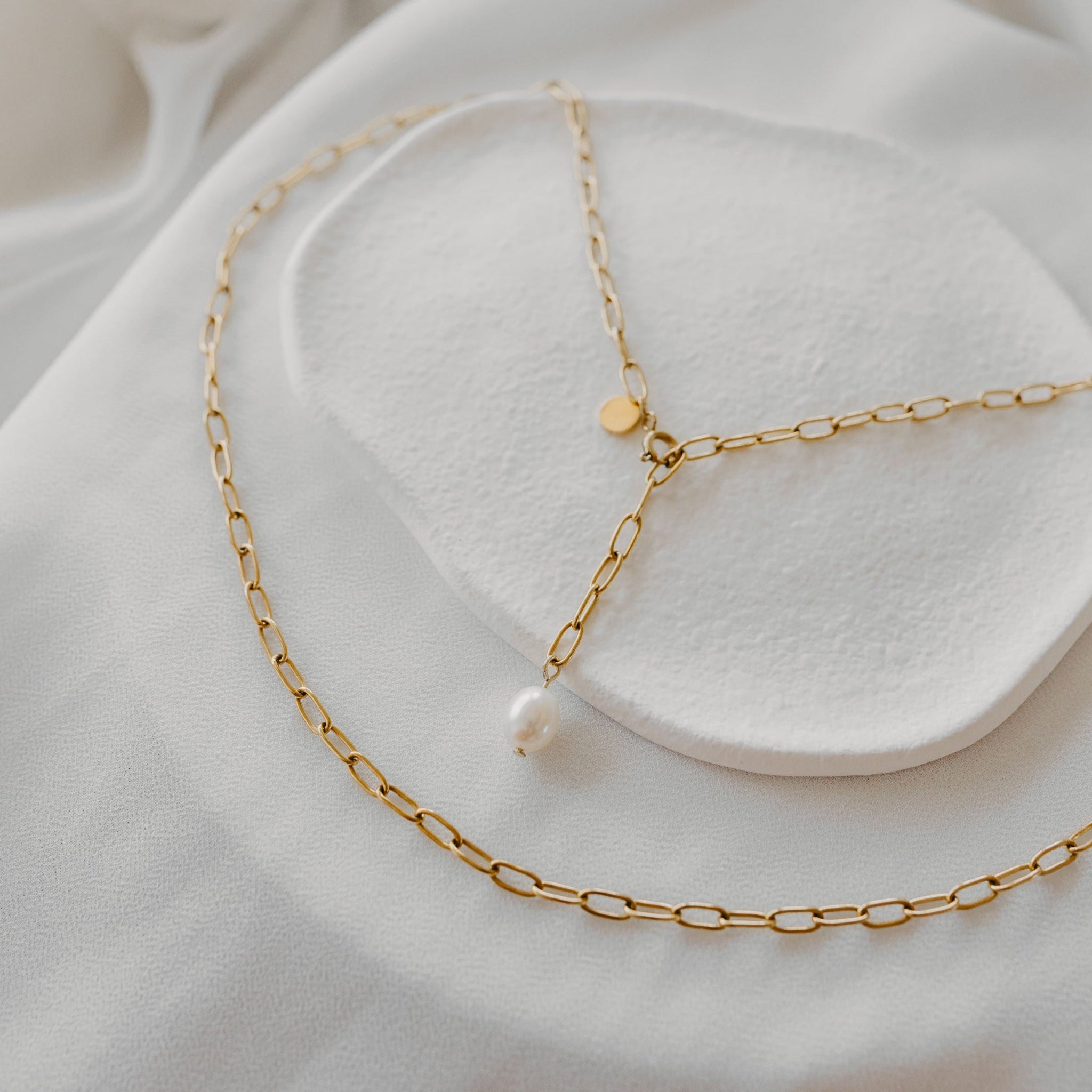 Anchored Pearl Waterproof Necklace in 18k pvd gold by Midnight Valley Jewelry