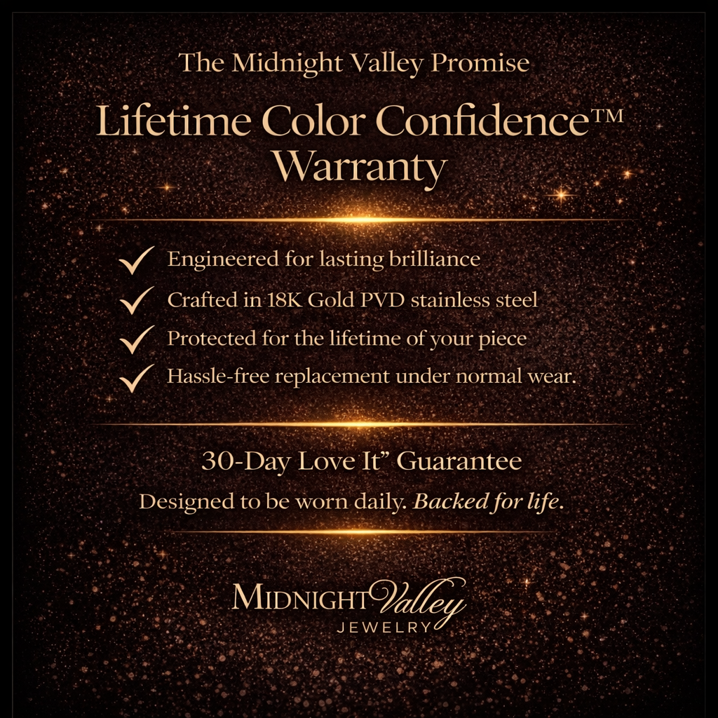 Midnight Valley Jewelry Lifetime Color Confidence Warranty graphic for waterproof 18K Gold PVD Forever Wear™ collection