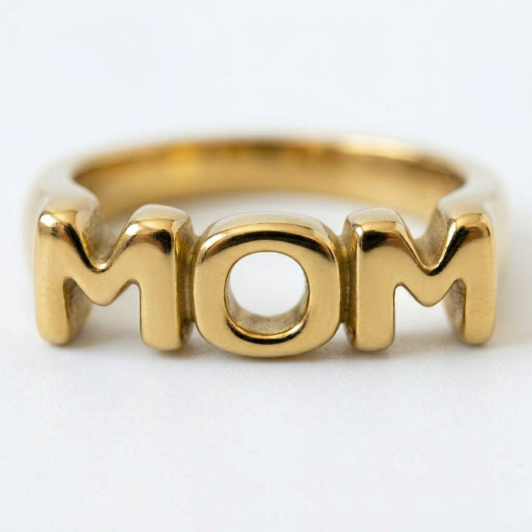Classic Mom Keepsake ring with smooth MOM lettering in 18K gold PVD, waterproof tarnish resistant ring available in sizes 6 7 and 8