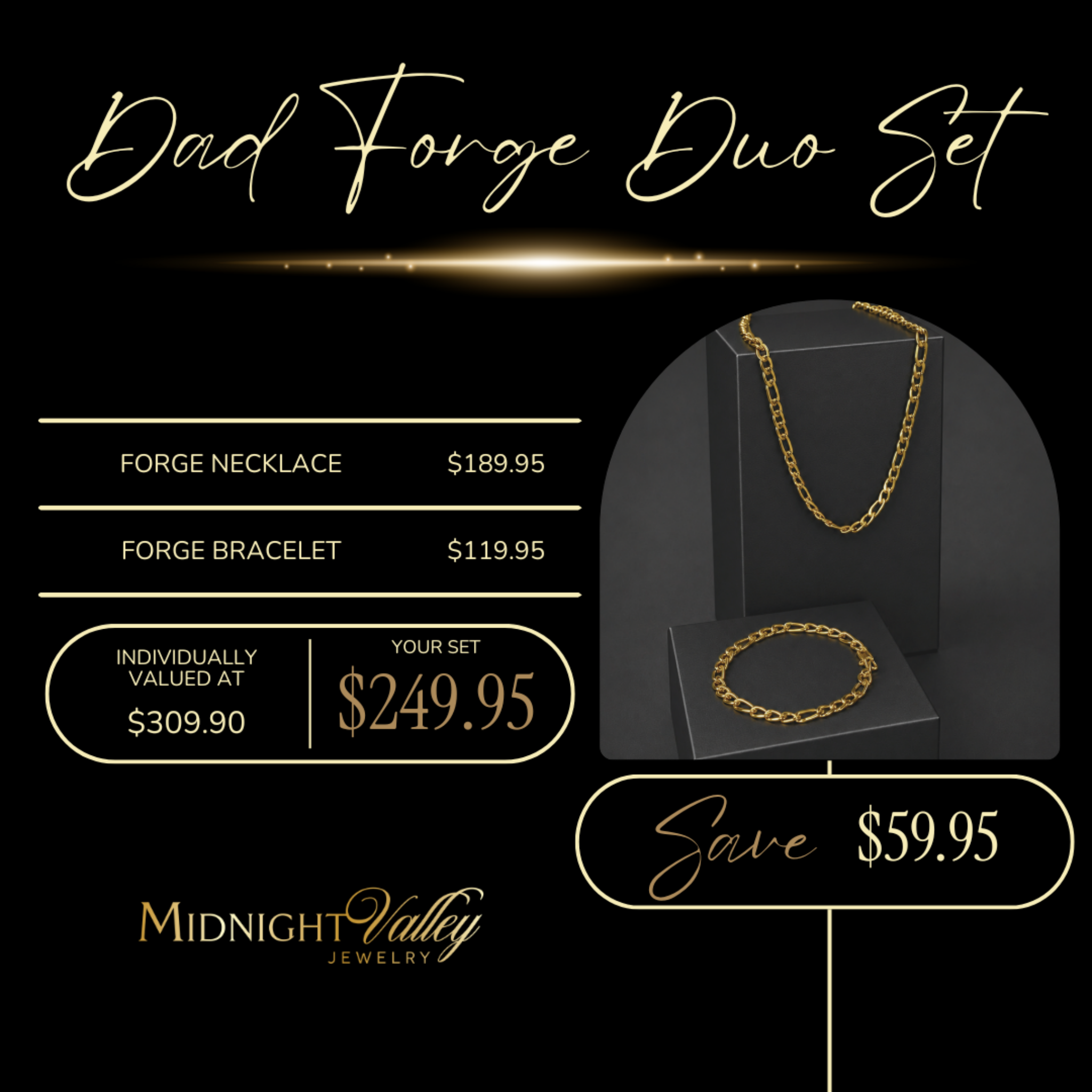 Dad Forge Duo Set pricing graphic showing Forge necklace and Forge bracelet Father’s Day gift set value