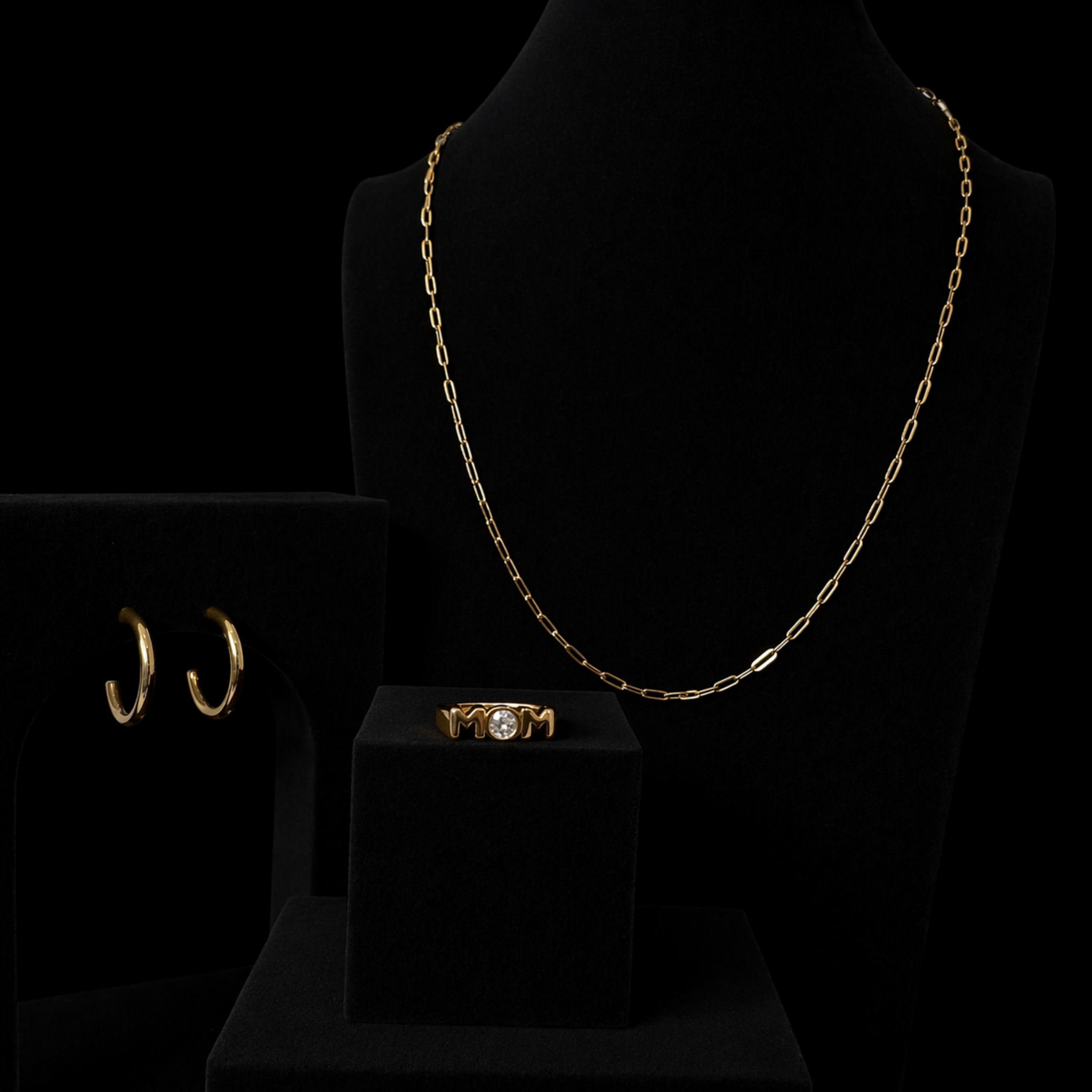 Mom Signature Set in 18K gold PVD with Cubic Zirconia accented mom ring, paperclip necklace, and waterproof hoop earrings, Mother’s Day jewelry gift set