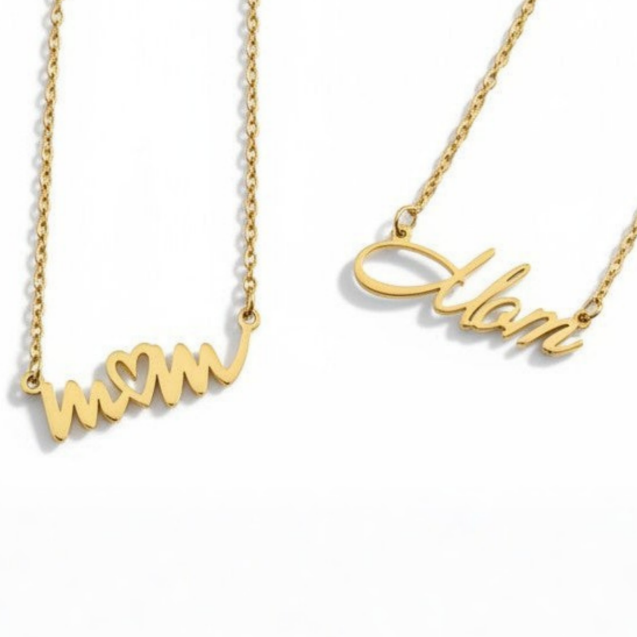 two Forever Mom necklaces in gold PVD showing handwritten mom design with heart and signature script mom style on delicate chain