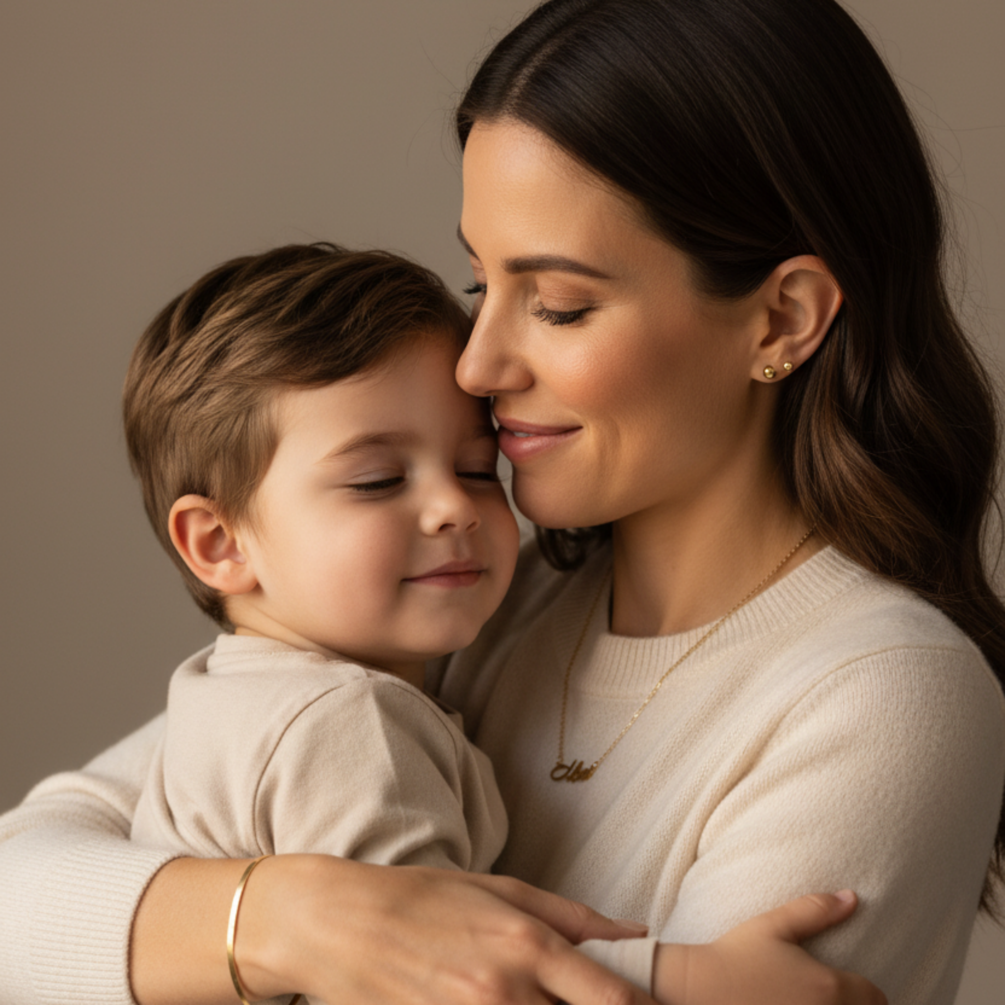 Woman wearing Forever Mom script necklace with gold bracelet and stud earrings from Mom’s Timeless Set, 18K gold PVD waterproof jewelry for everyday wear