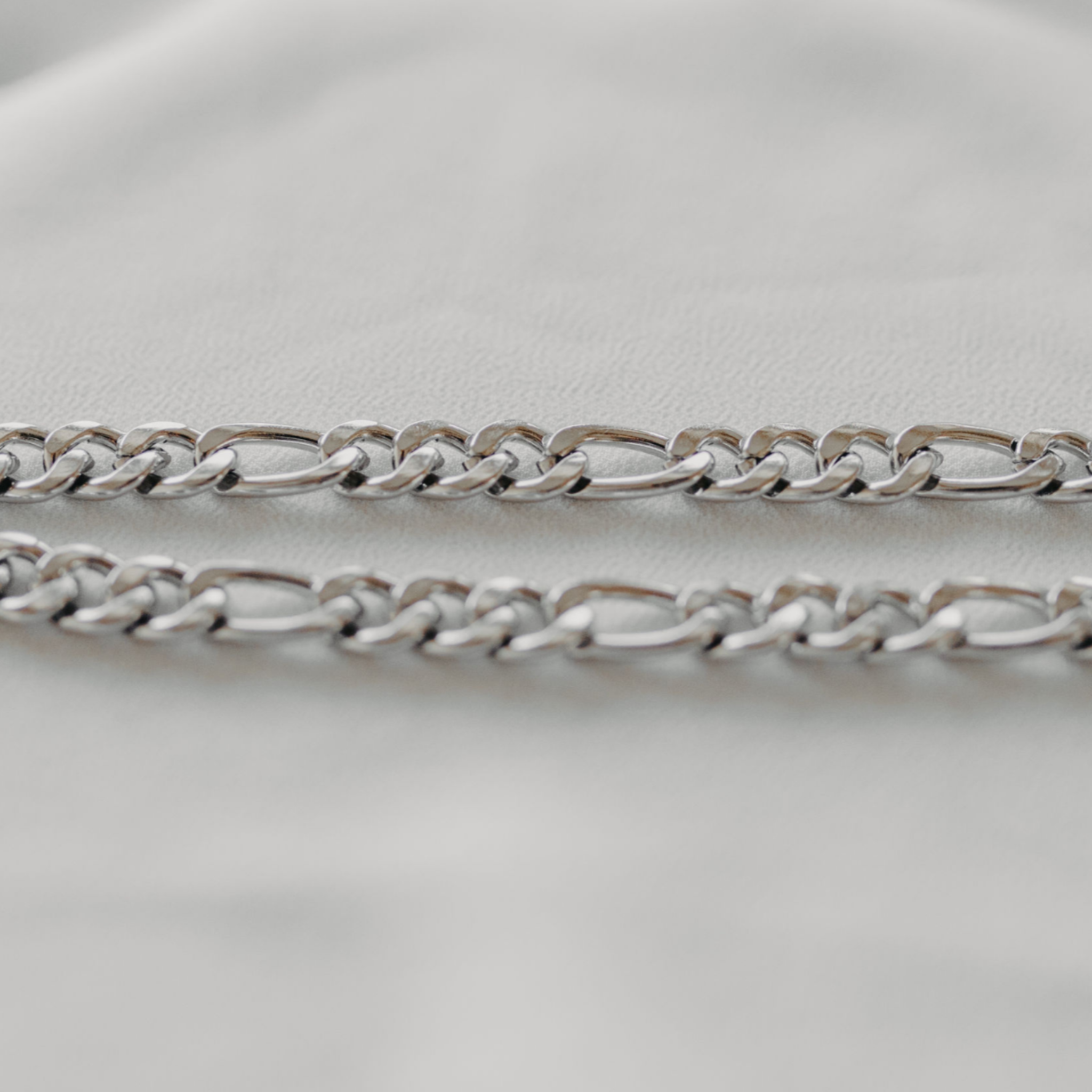 Forge figaro chain necklace in silver stainless steel with polished link detail, waterproof tarnish resistant jewelry