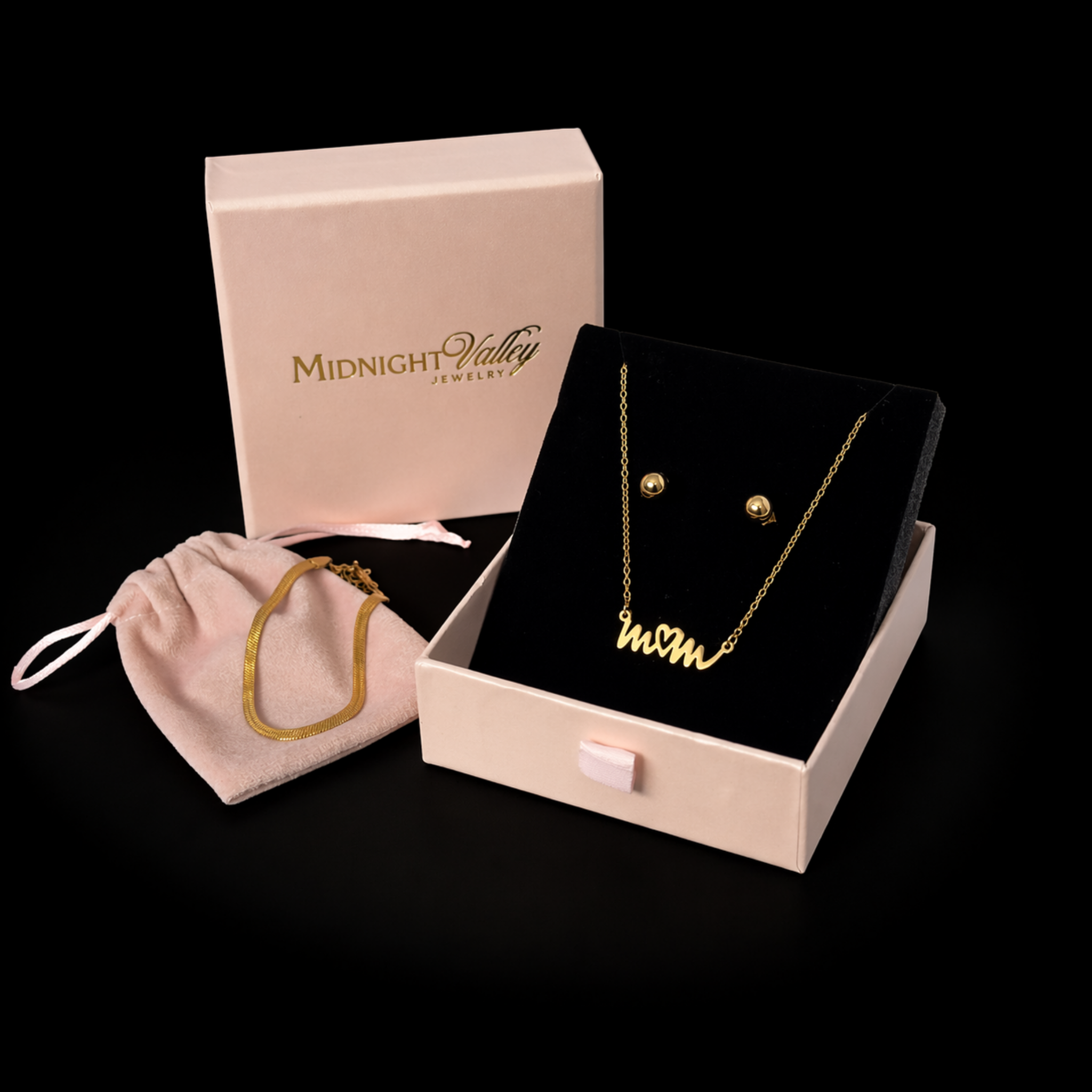 Mom’s Timeless Set with handwritten style Mom necklace, Eclipse herringbone bracelet, and Morning Dew stud earrings in 18K gold PVD, luxury gift set for Mother’s Day