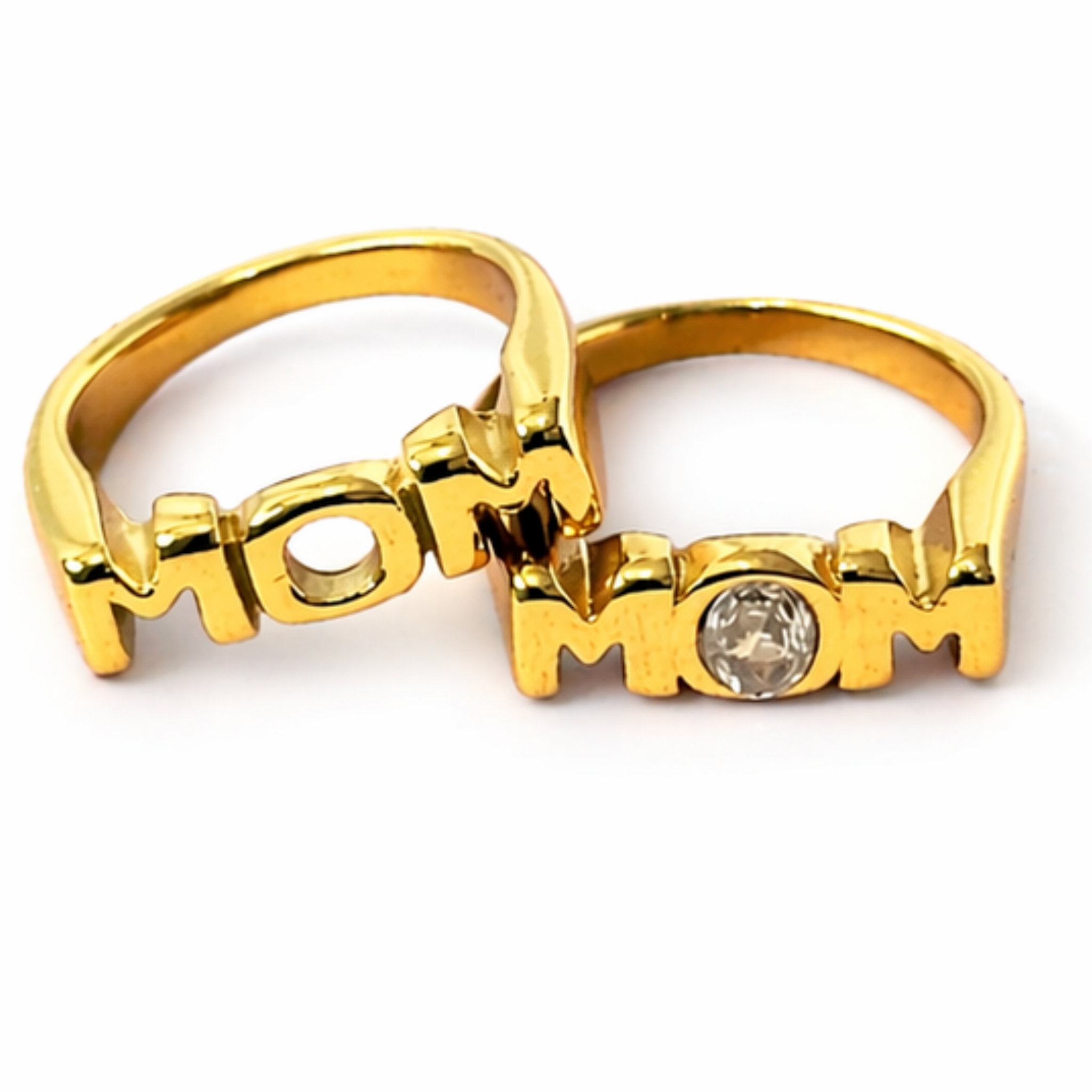 Mom Keepsake rings in 18K gold PVD featuring classic MOM design and cubic zirconia accent version, available in sizes 6 7 and 8, waterproof tarnish resistant gold rings