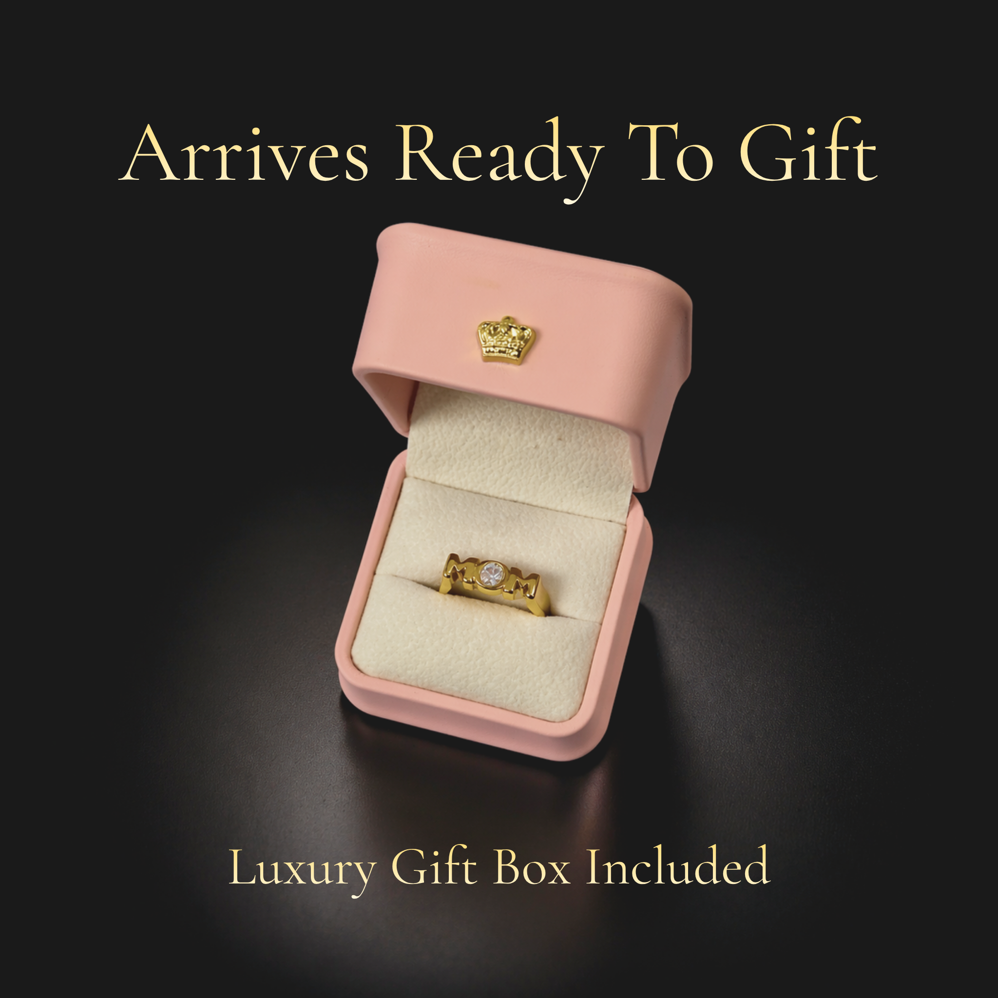 Mom Keepsake ring with cubic zirconia displayed in luxury gift box, 18K gold PVD waterproof MOM ring perfect for Mother’s Day gifting