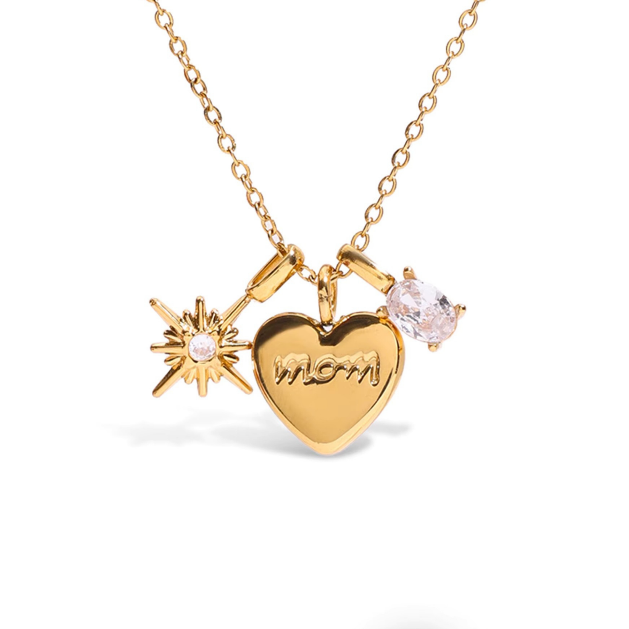 18K gold PVD Mom Moments heart pendant necklace with engraved “mom” charm, starburst charm, and oval cubic zirconia stone on delicate chain