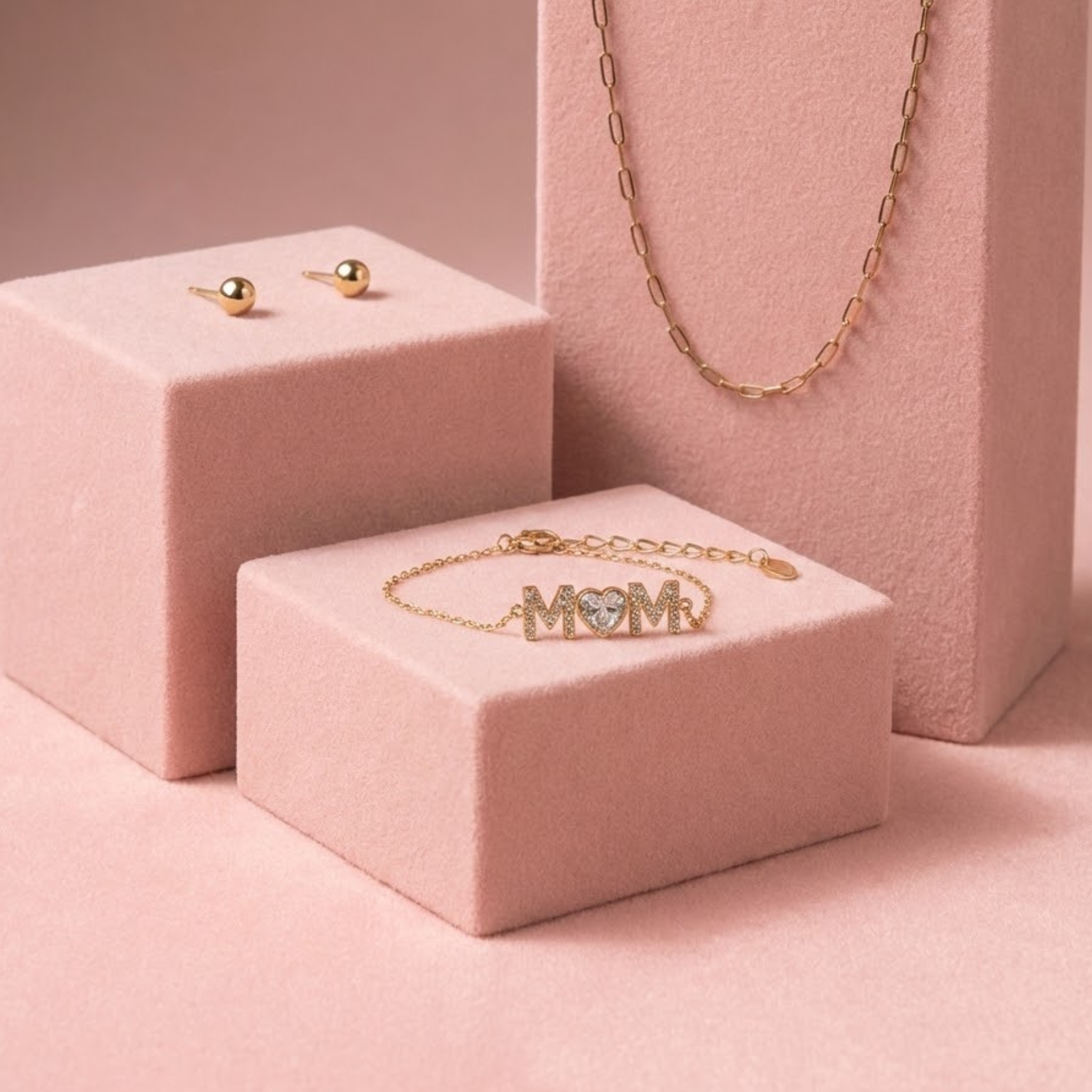 Mom Radiant Set in 18K gold PVD featuring Mom Radiance bracelet, paperclip chain necklace, and ball stud earrings, waterproof jewelry gift set for Mother’s Day