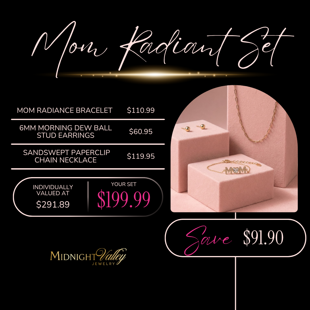 Mom Radiant Set bundle including Mom Radiance bracelet, Morning Dew stud earrings, and Sandswept paperclip chain necklace, gold jewelry set with savings offer