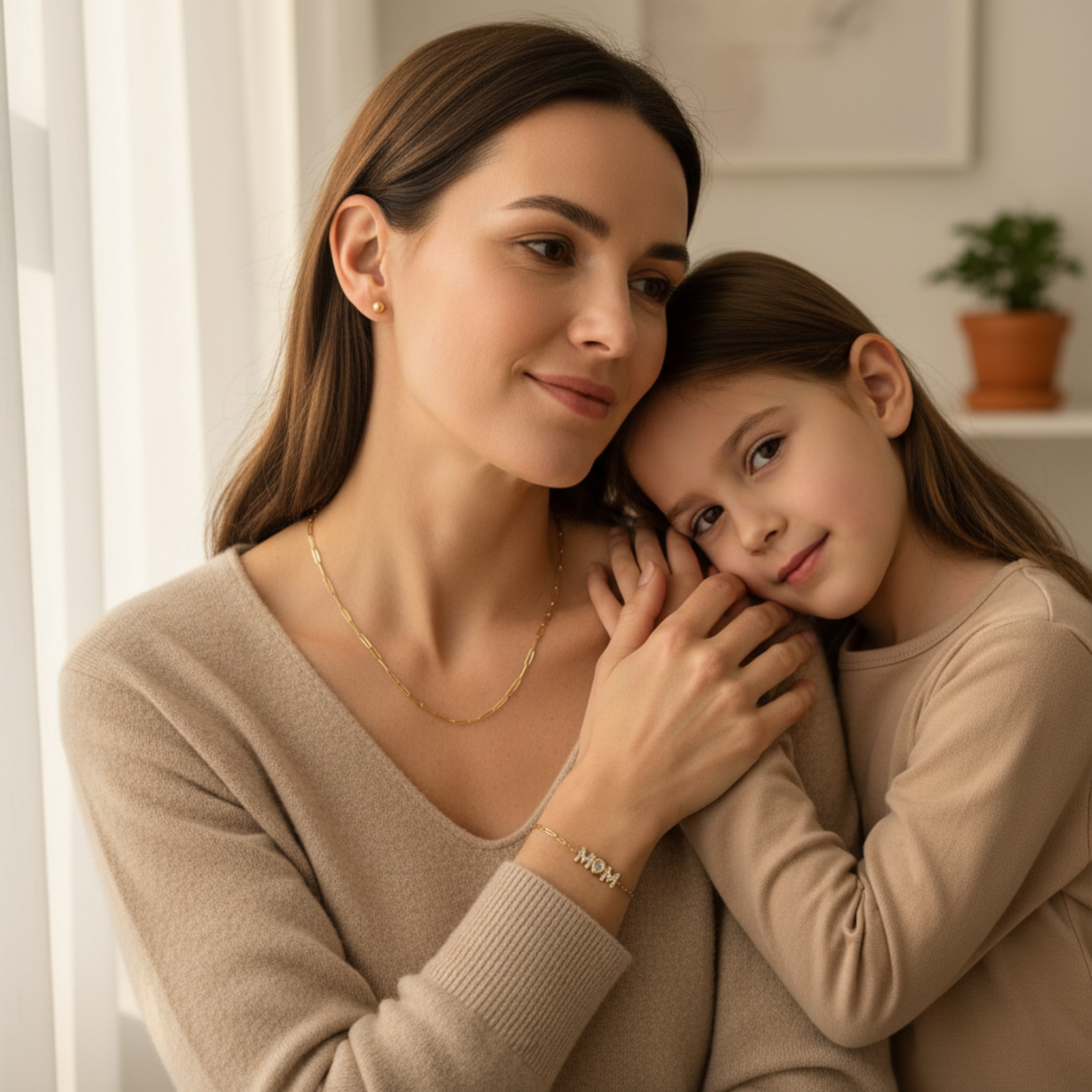 Mom Radiant Set featuring paperclip chain necklace and Mom Radiance bracelet worn by mother, waterproof 18K gold PVD jewelry gift set