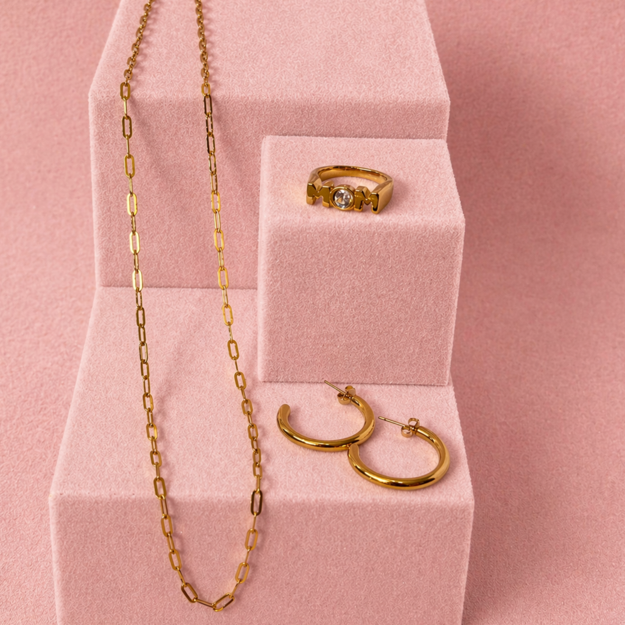 Mom Signature Set in 18K gold PVD featuring paperclip chain necklace, waterproof hoop earrings, and cubic zirconia stone accent mom ring, luxury jewelry gift set for Mother’s Day