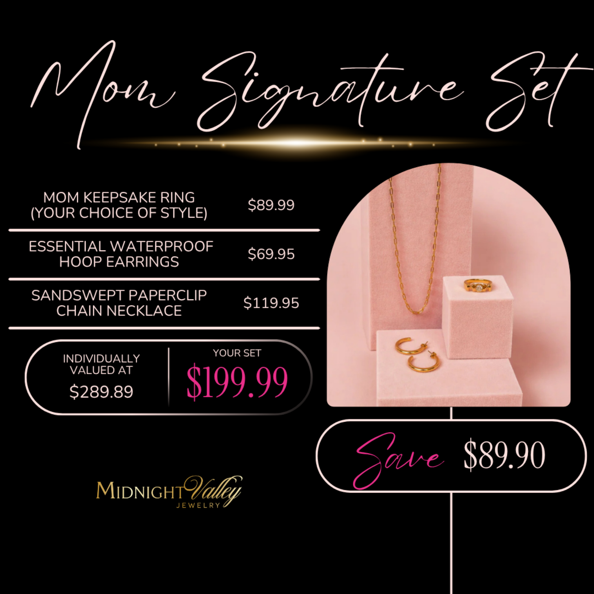 Mom Signature Set bundle including mom keepsake ring, waterproof hoop earrings, and paperclip chain necklace, gold jewelry set with savings offer for Mother’s Day
