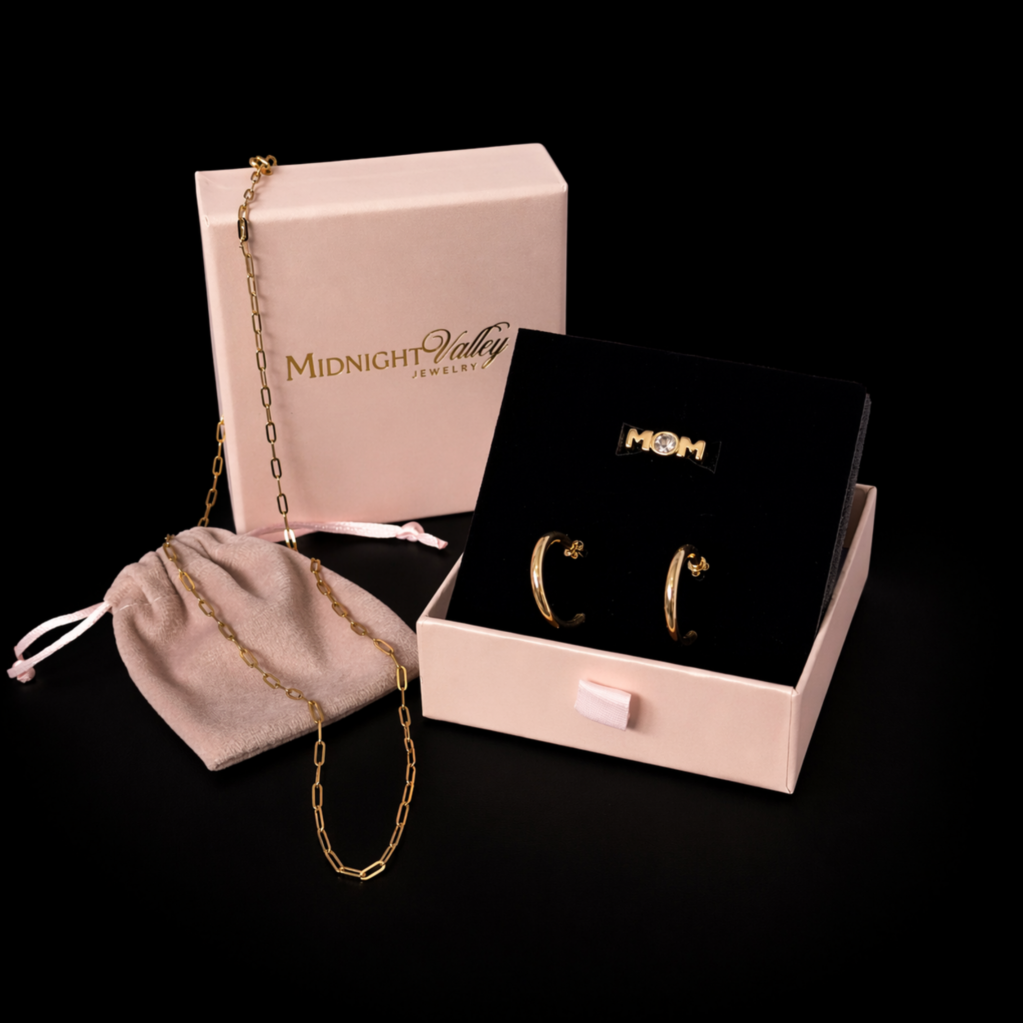 Mom Signature Set with a stone accent ring in gift box, 18K gold PVD necklace and waterproof hoop earrings, Mother’s Day jewelry set