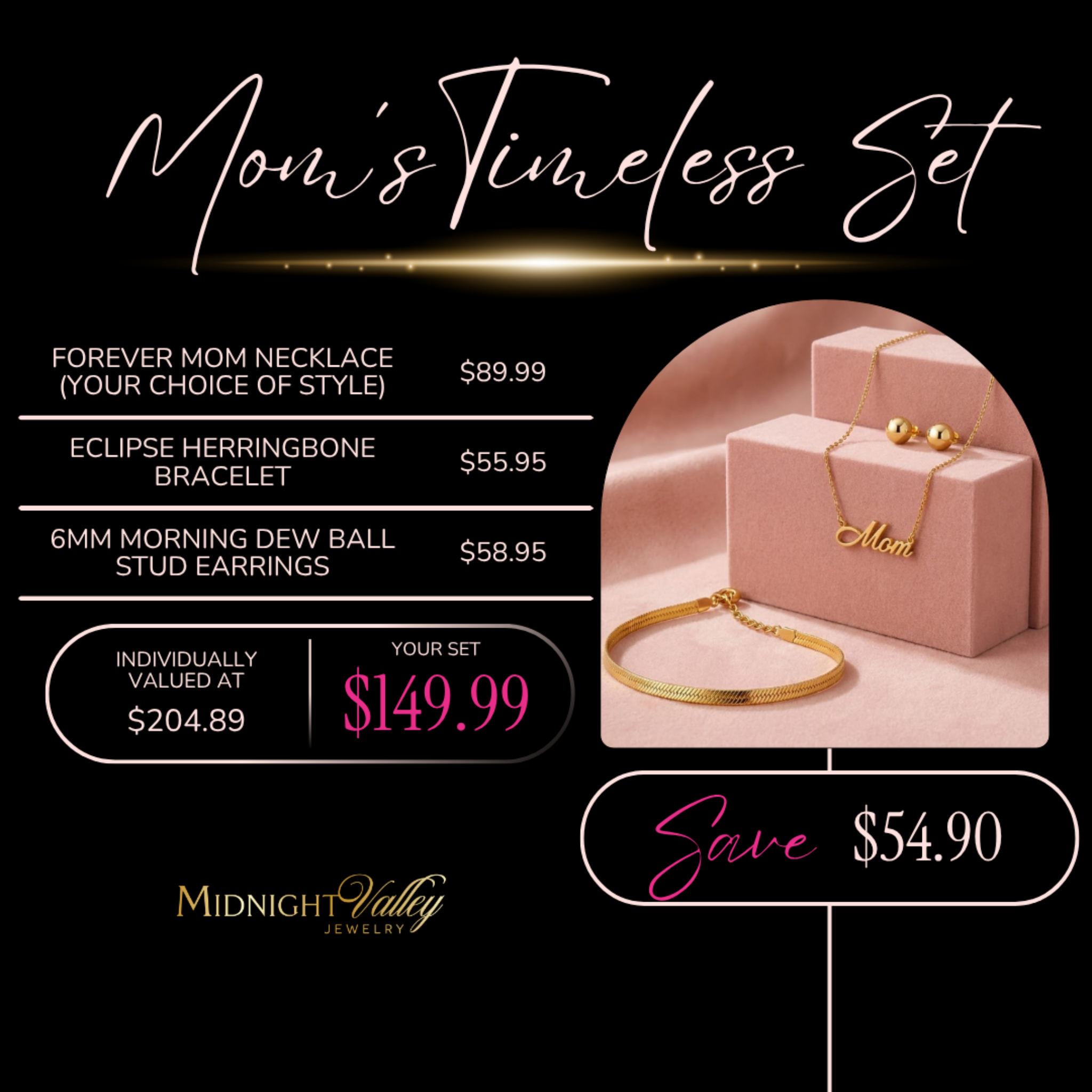 Mom’s Timeless Set jewelry bundle with Forever Mom necklace, herringbone bracelet, and stud earrings, waterproof gold PVD gift set with bundle pricing for Mother’s Day