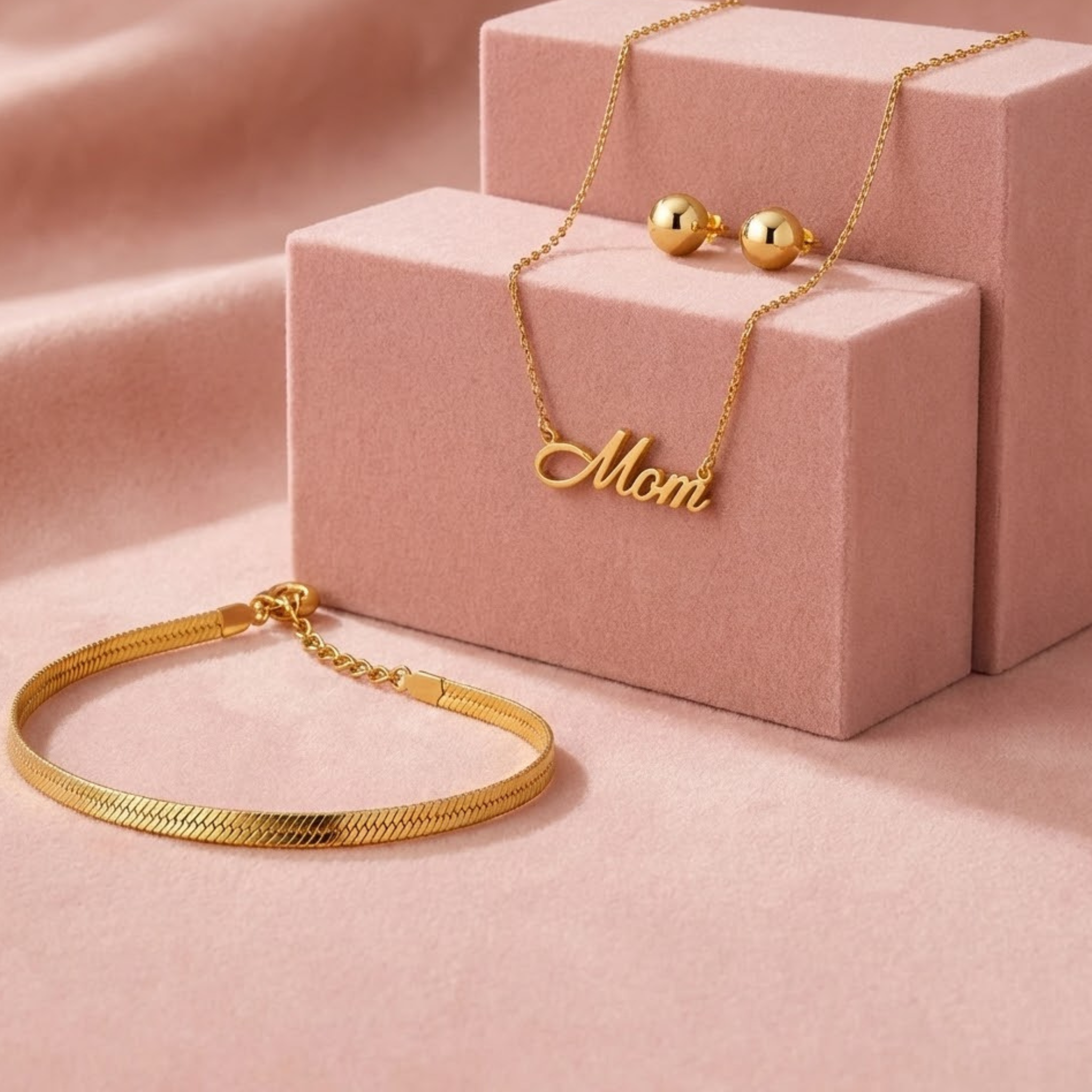Mom’s Timeless Set featuring Forever Mom necklace, Eclipse herringbone bracelet, and Morning Dew stud earrings in 18K gold PVD, waterproof Mother’s Day jewelry gift set