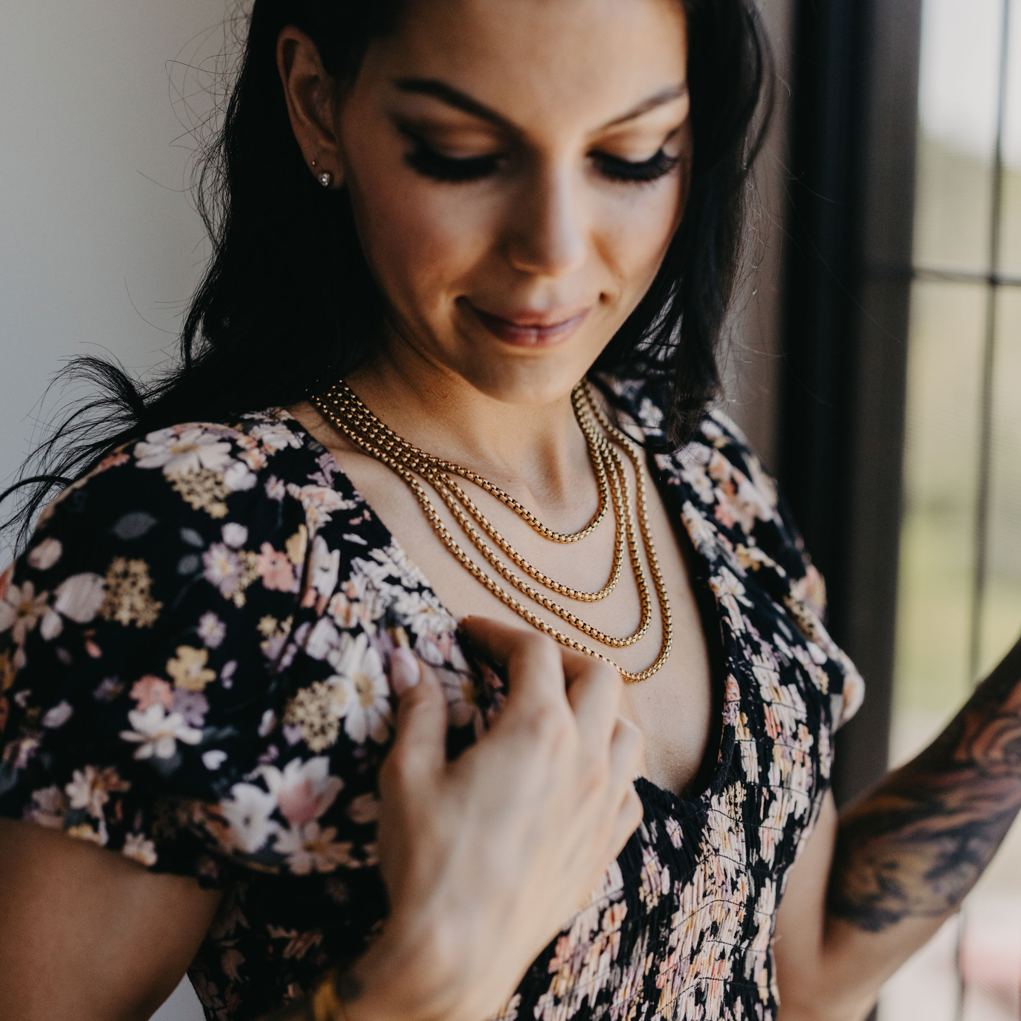 Reefline rounded box chain necklaces in gold 18K PVD worn in multiple length options waterproof jewelry