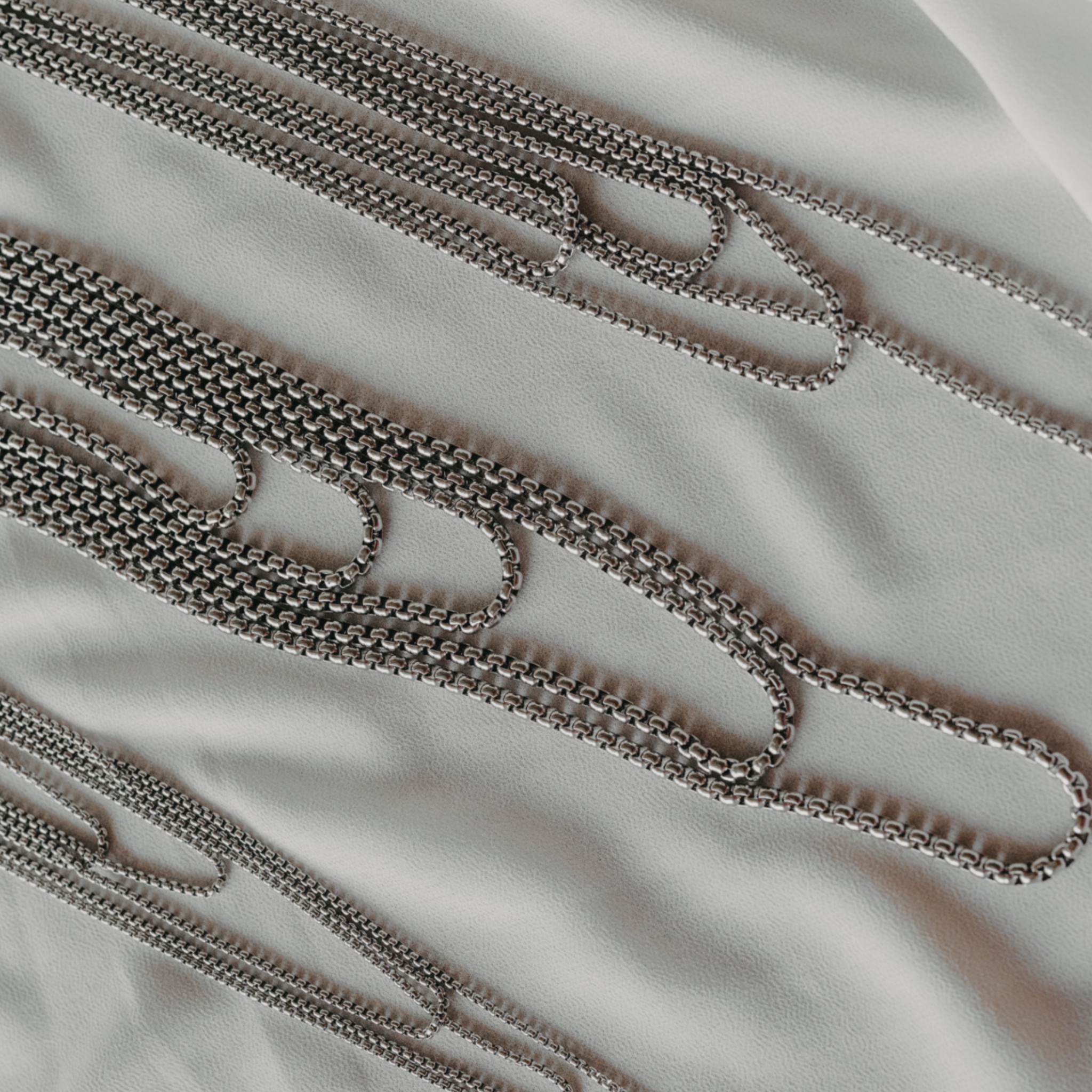 Reefline rounded box chain necklaces in silver stainless steel showing multiple widths and lengths waterproof jewelry