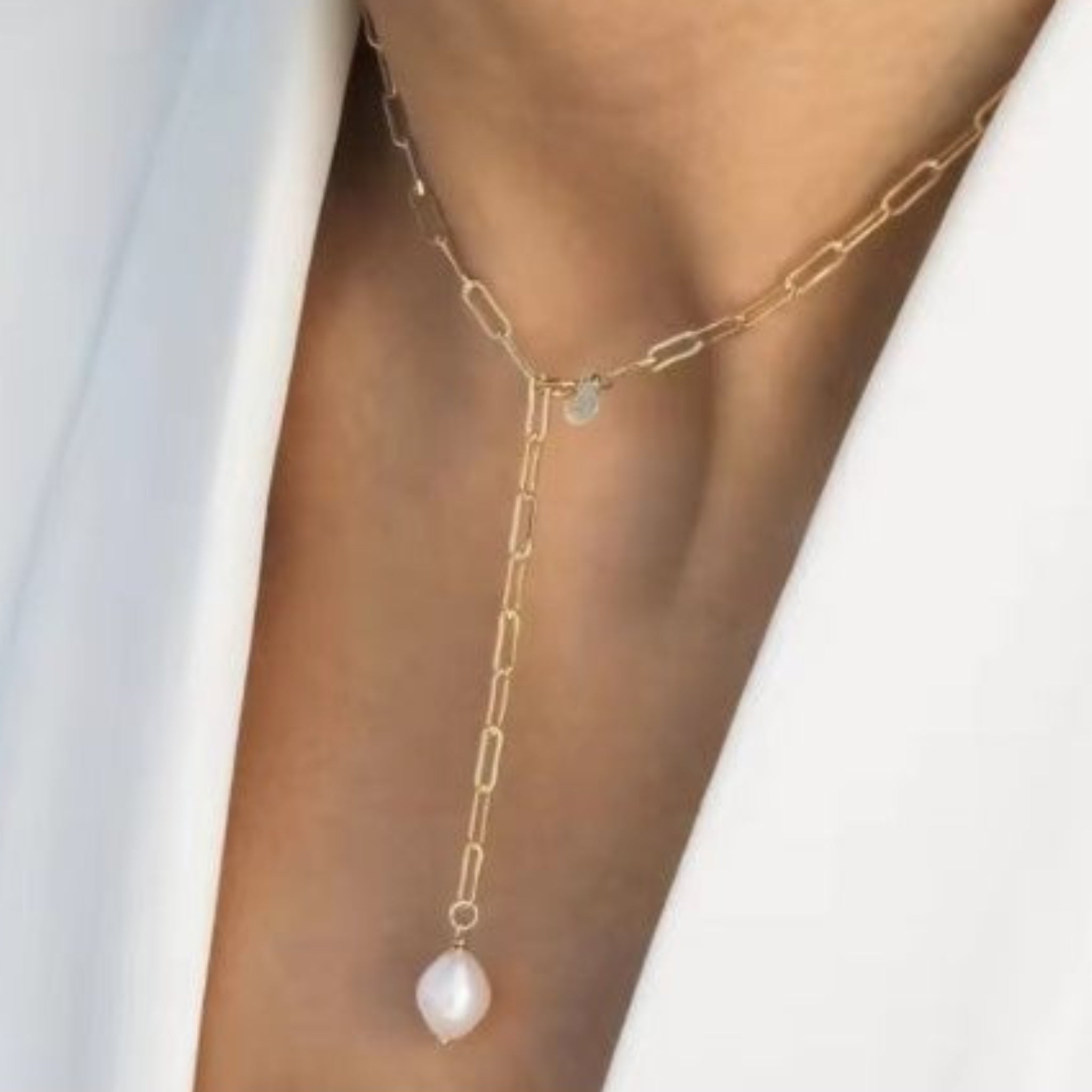 Anchored Pearl Necklace | Waterproof 18K Gold Paperclip Necklace