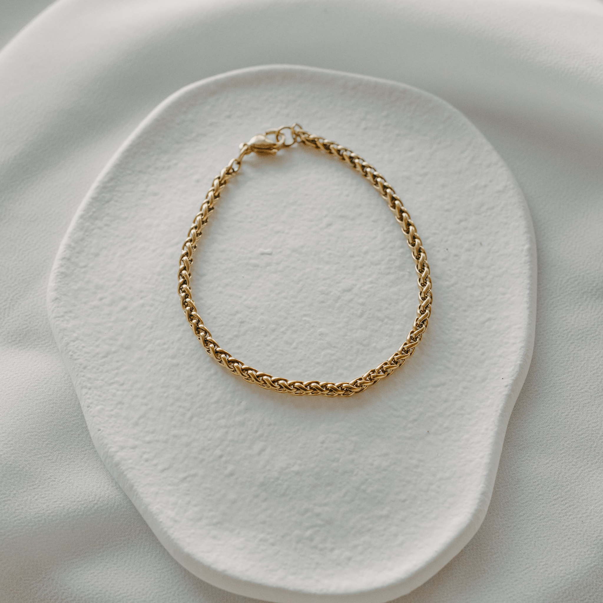 Surfside 3mm gold wheat chain bracelet with smooth interwoven links in waterproof 18K gold PVD