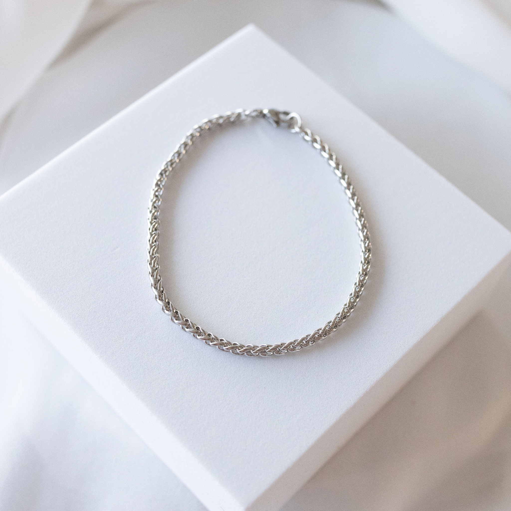 Surfside 3mm wheat chain bracelet in silver stainless steel with interwoven link design waterproof jewelry